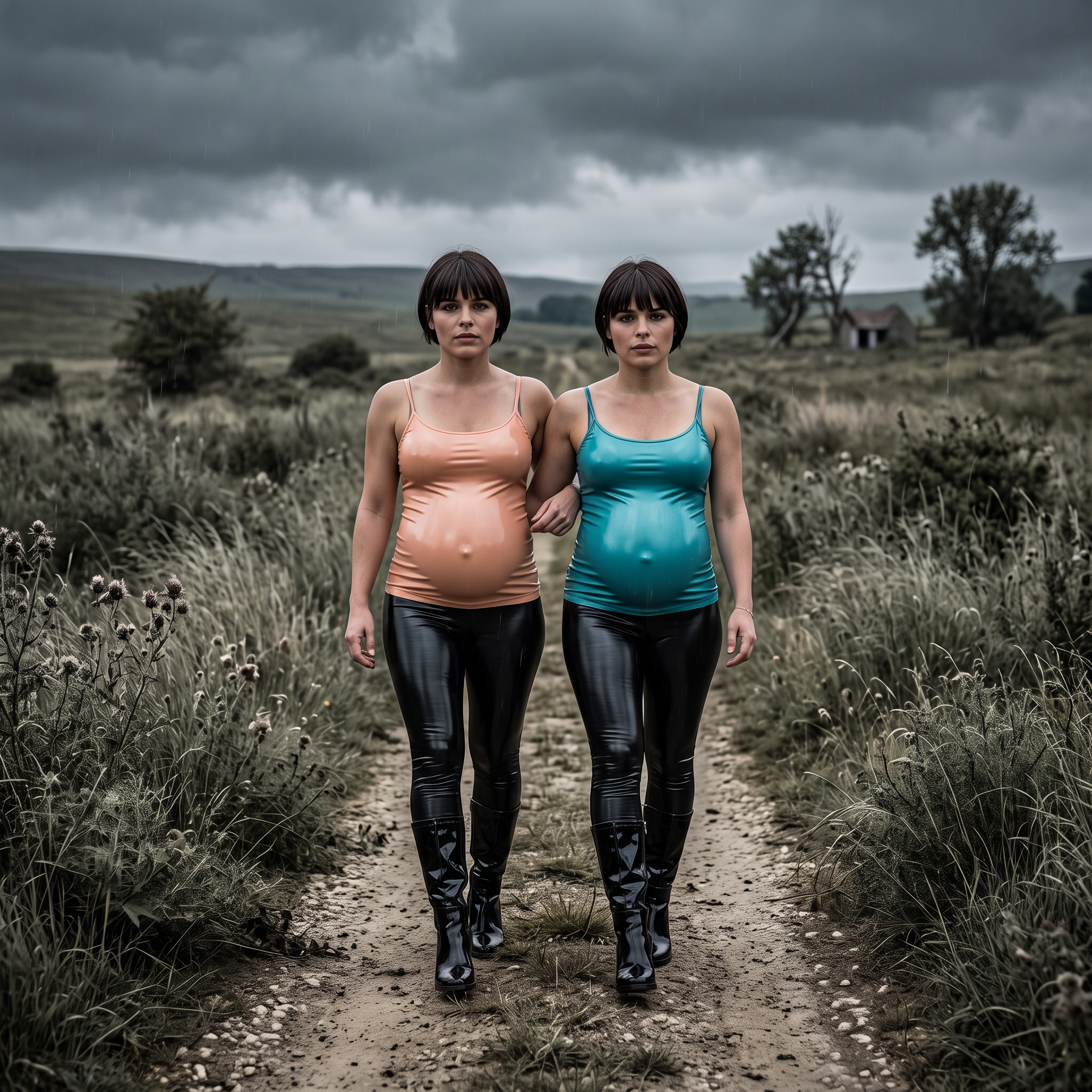 AI Design for these 2 same pregnant sisters are walking on a moody field in these outfit