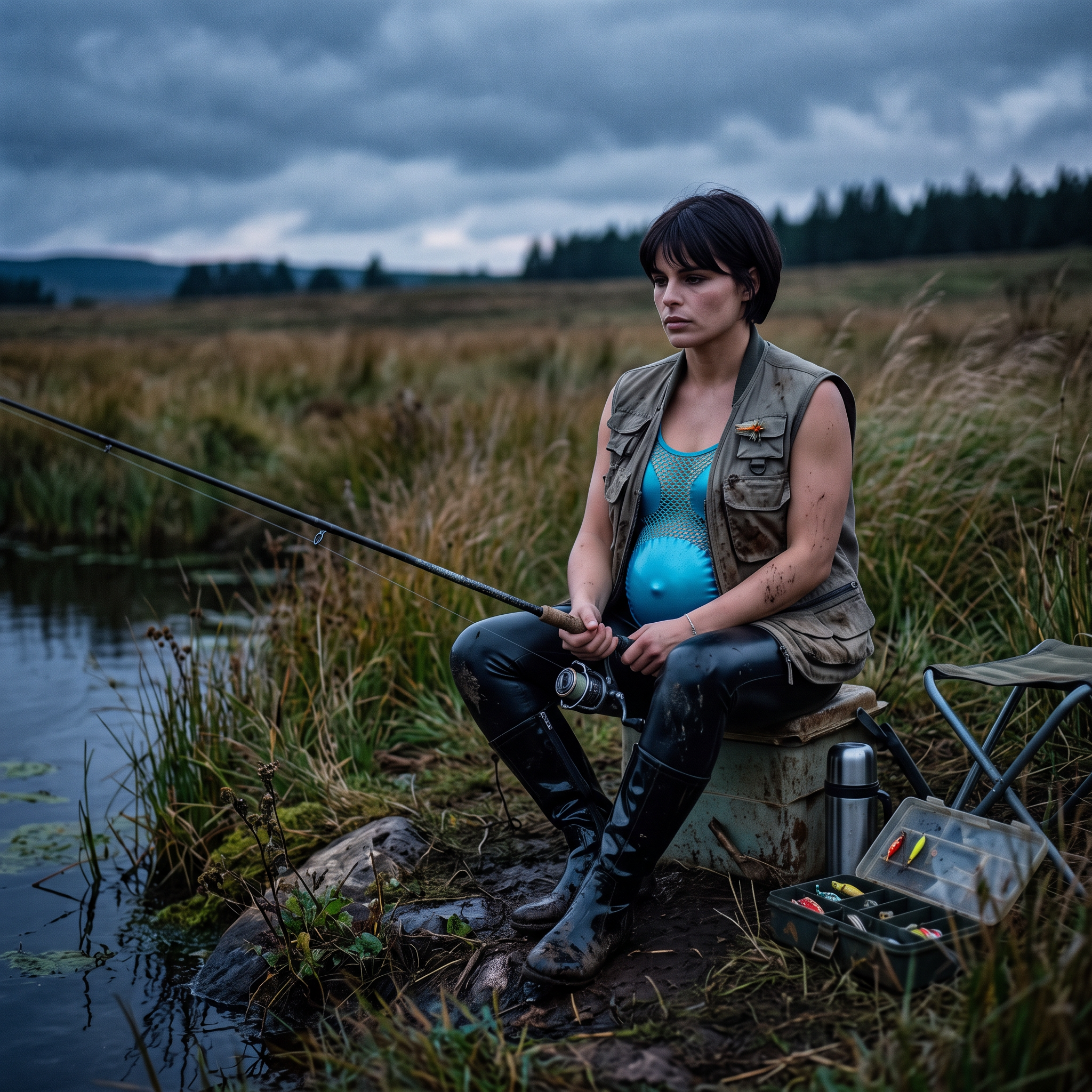 AI Design for this hot pregnant woman is fishing and sitting on a moody field in this outfit