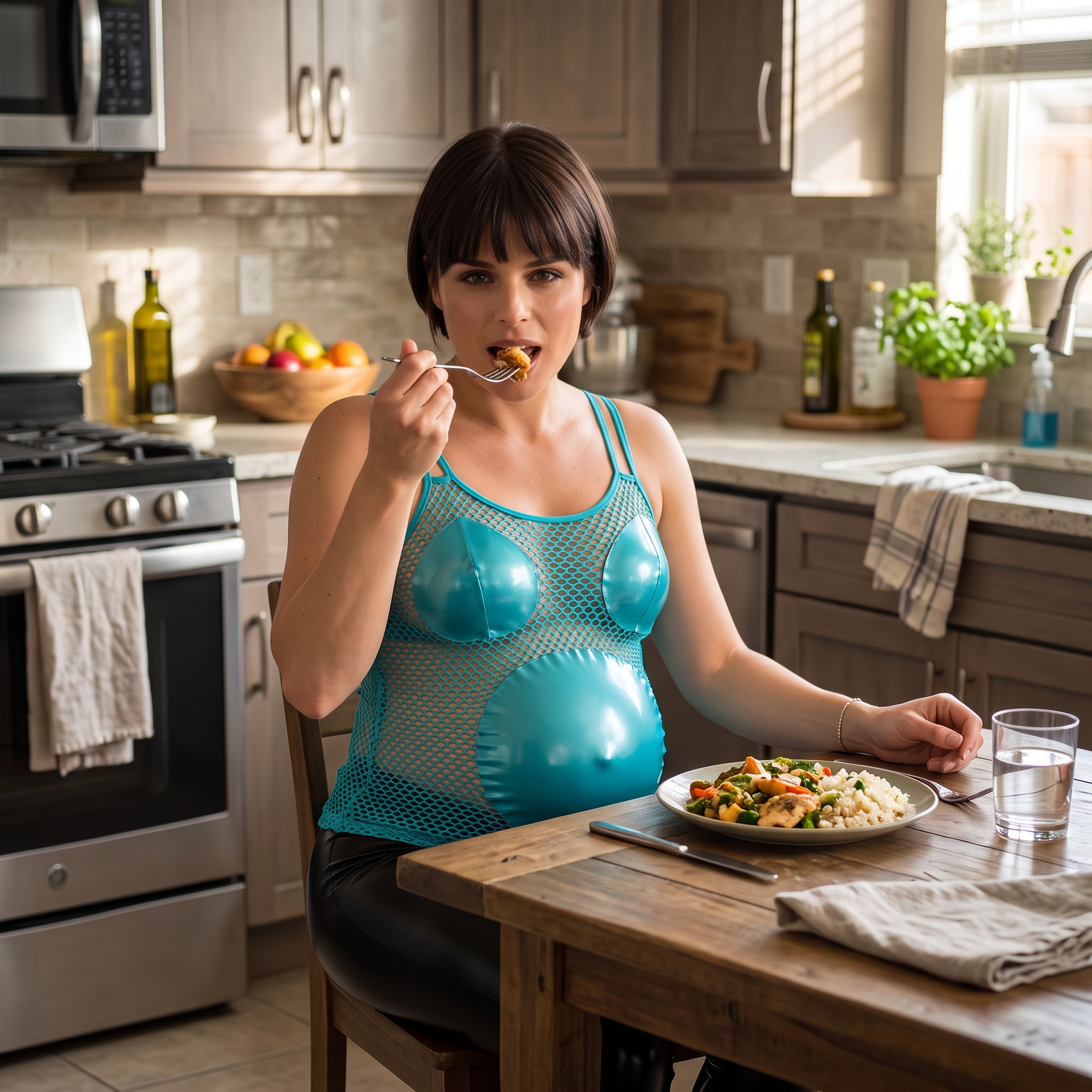 AI Design for this hot pregnant woman is eating in a kitchen while sitting