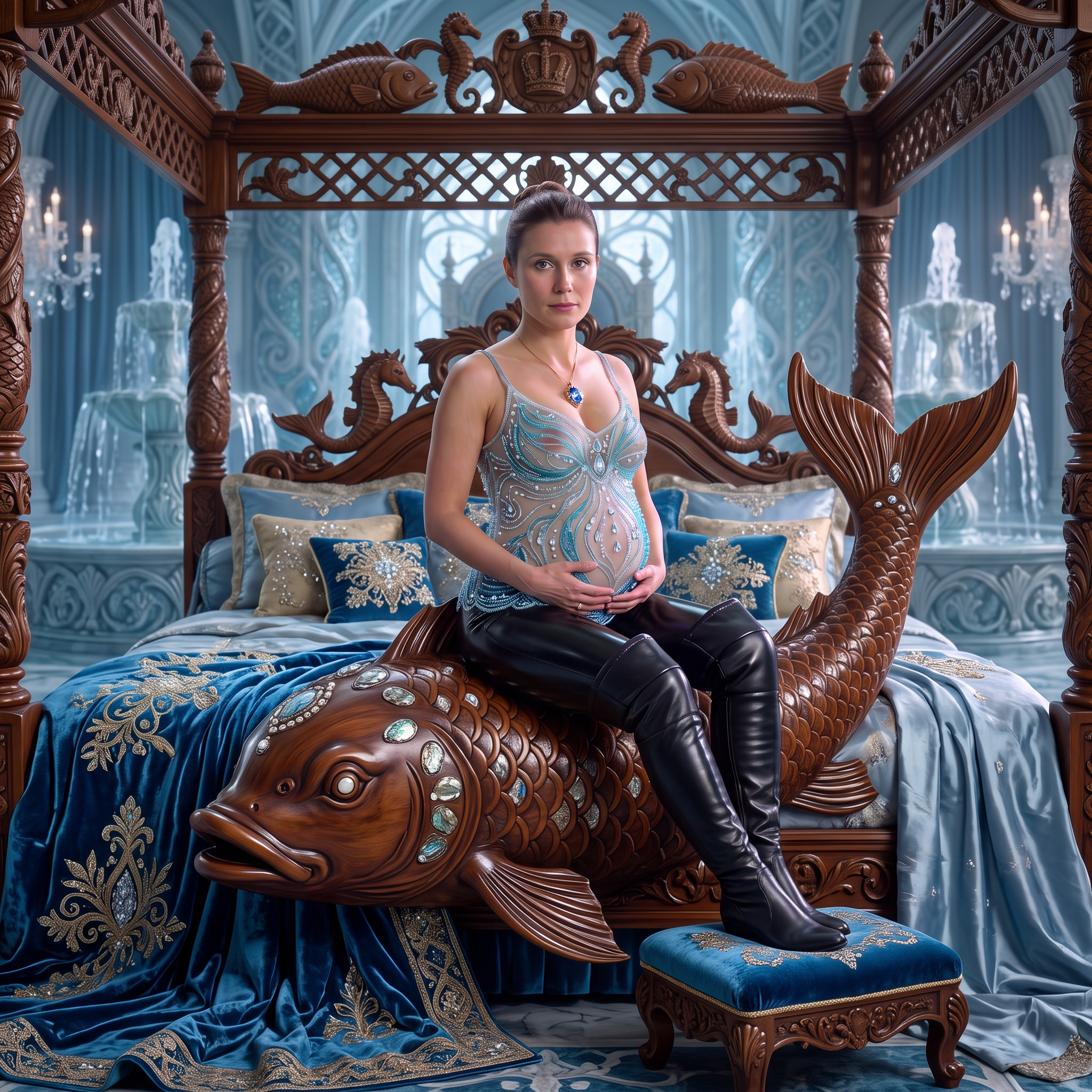 AI Design for this beautiful pregnant queen is sitting on a fish on a bed