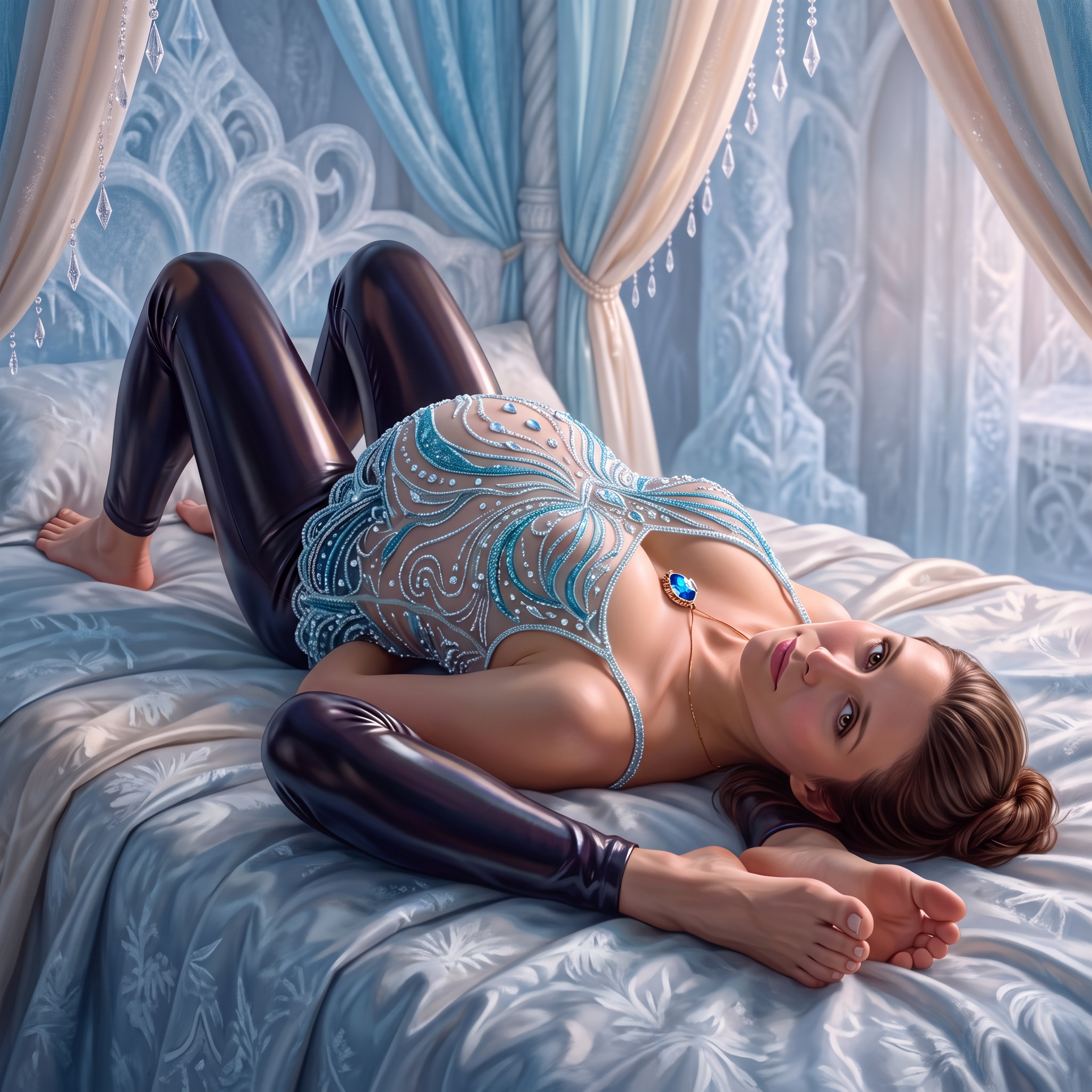 AI Design for this pregnant queen is laying on her back completely her hands are behind her on a bed no boots while her knees are up and camera is behind her and a little bit of side and her head is turned toward the camera she is not leaning on anything her legs are spread out she wears leggings