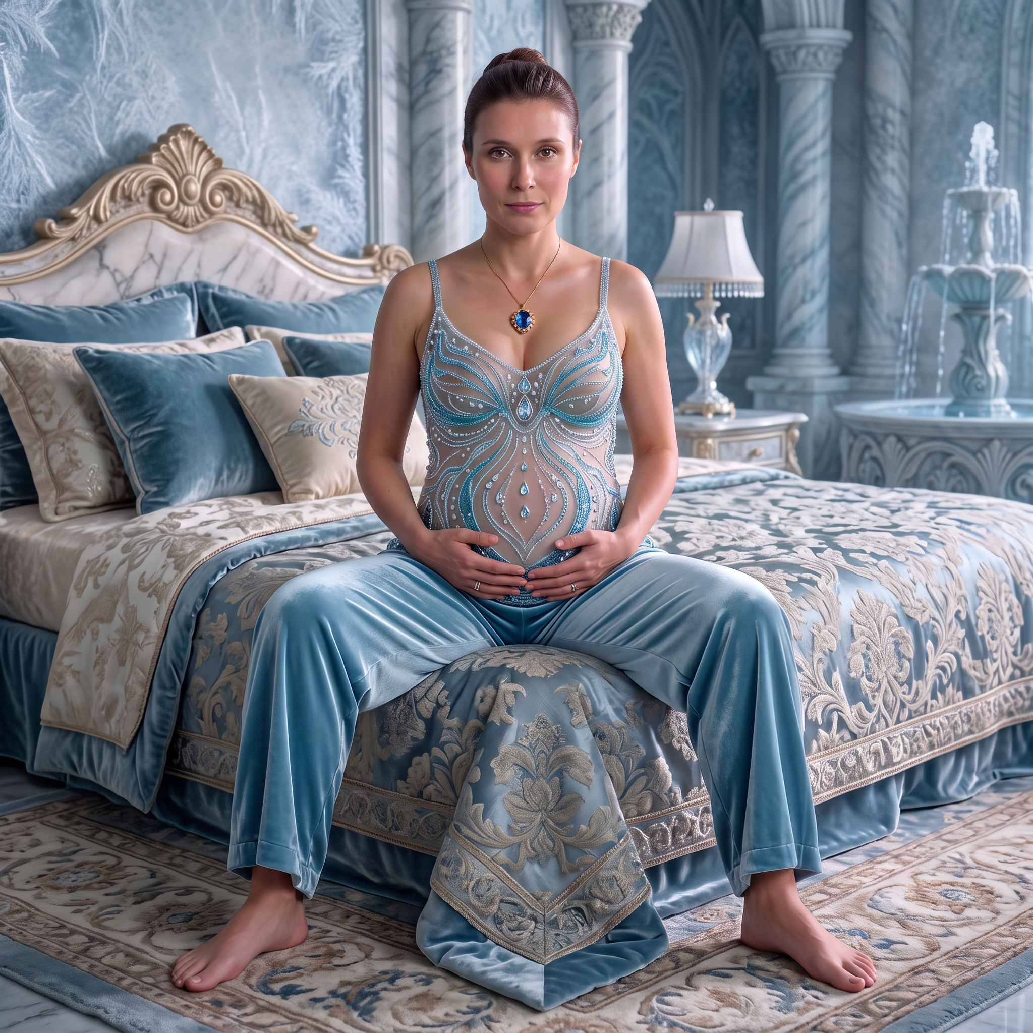 AI Design for this beautiful pregnant queen is sitting on a bed her knees are spread out and no boots