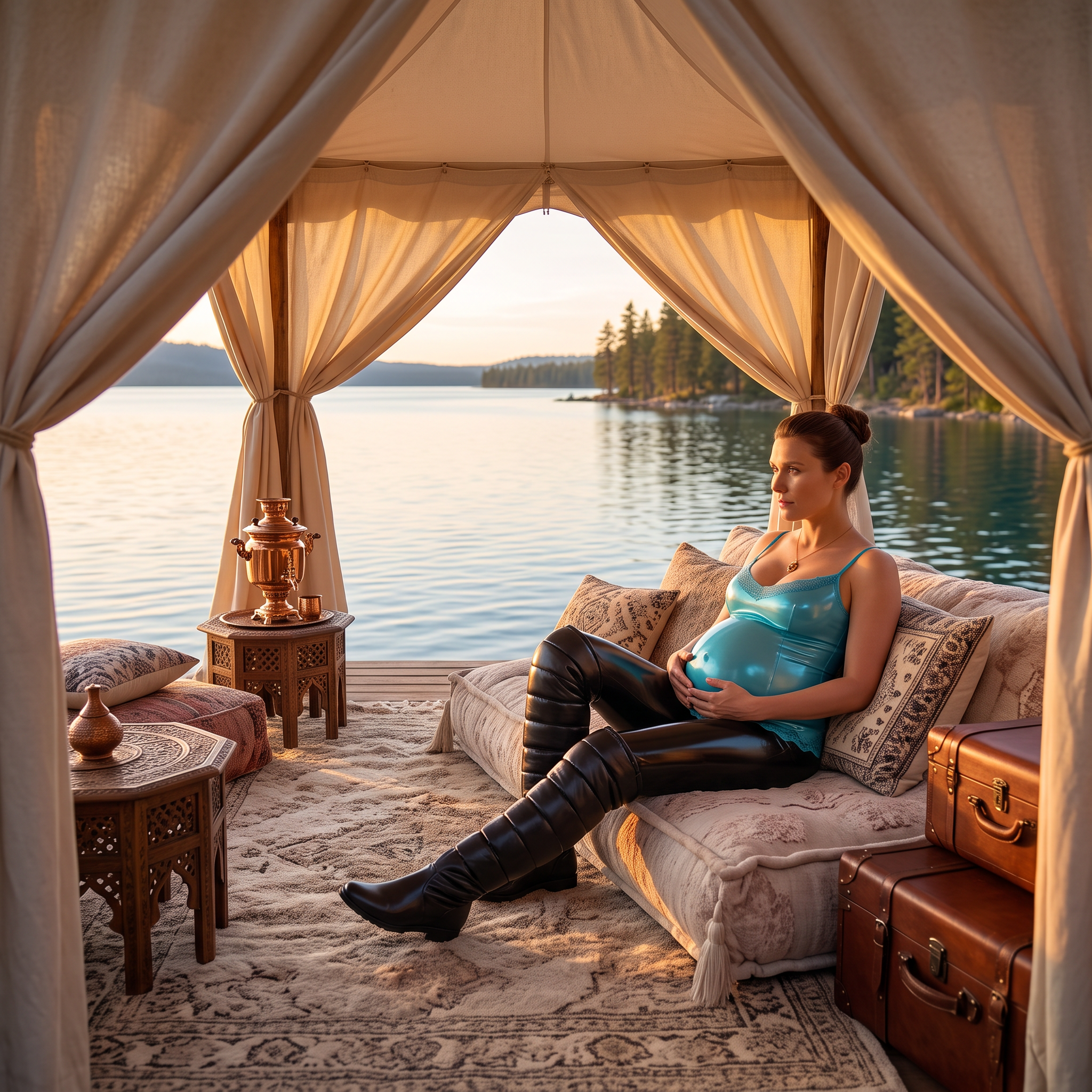 AI Design for this beautiful queen is relaxing in a tent near lake in this outfit alone