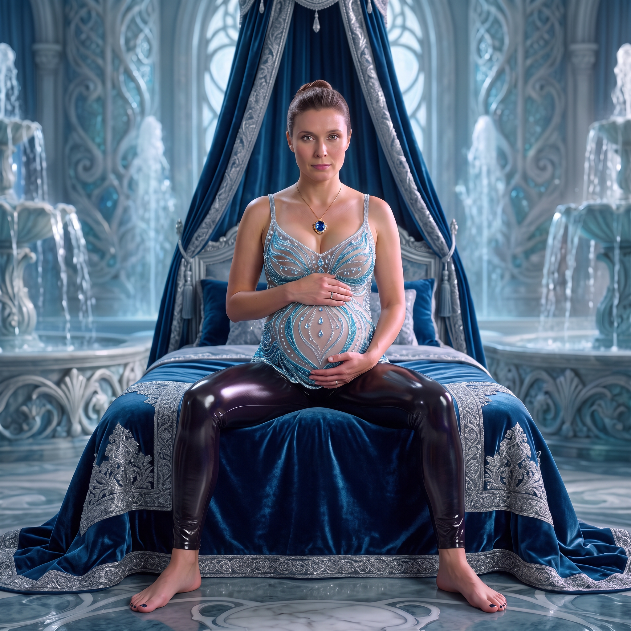 AI Design for this beautiful pregnant queen is sitting on a bed her knees are spread out and no boots in this outfit in these shiny leggings
