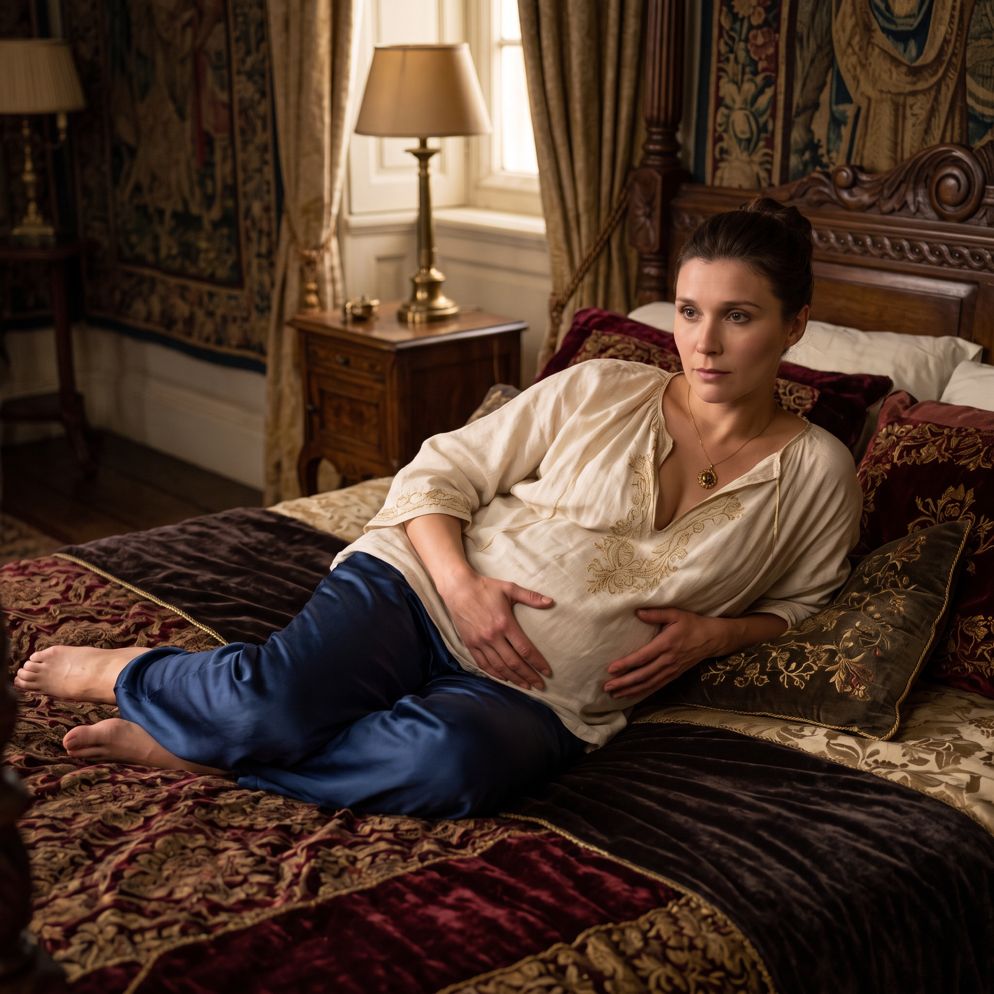 AI Design for this beautiful pregnant queen is laying on her stomach on a bed alone