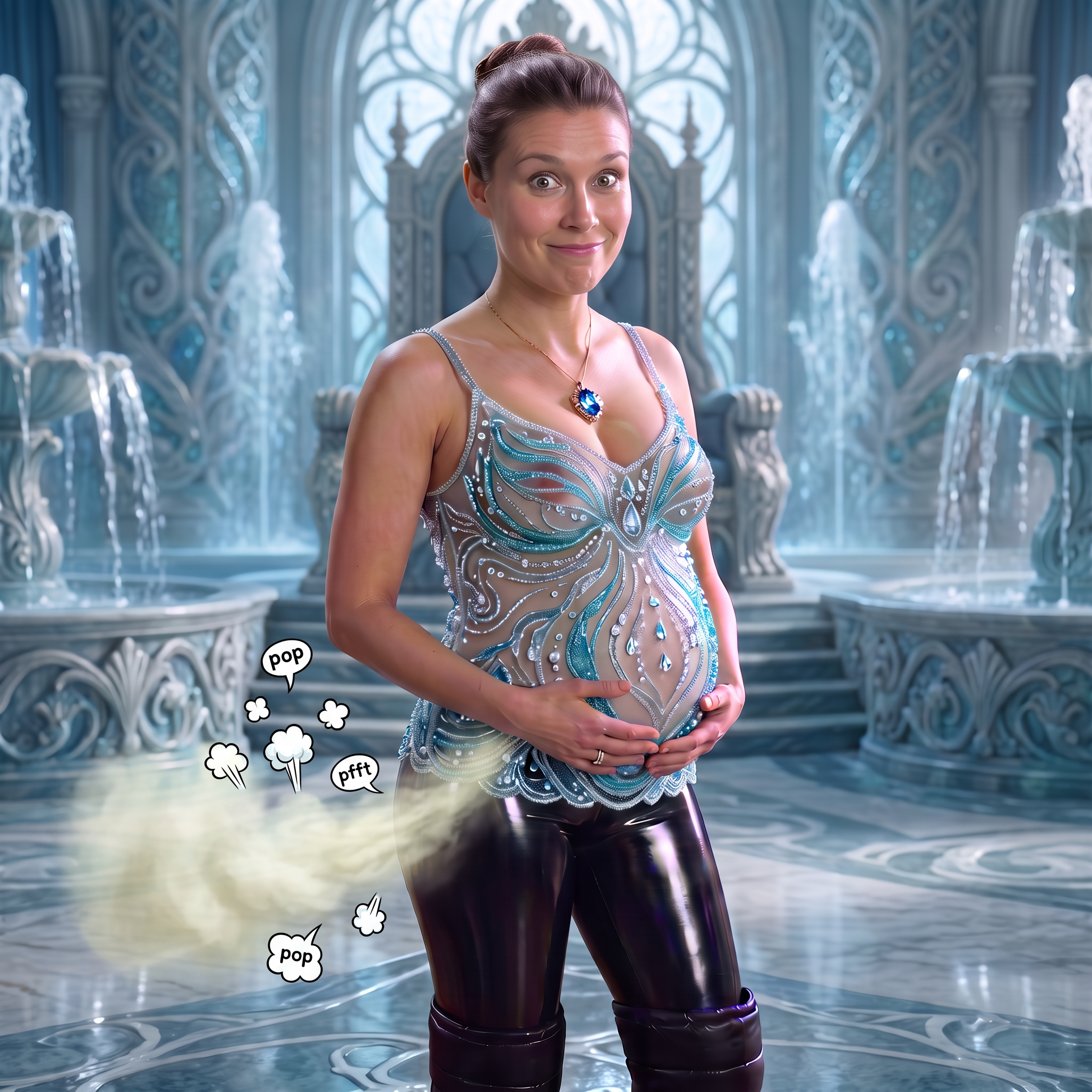 AI Design for this beautiful pregnant queen is farting in a camera