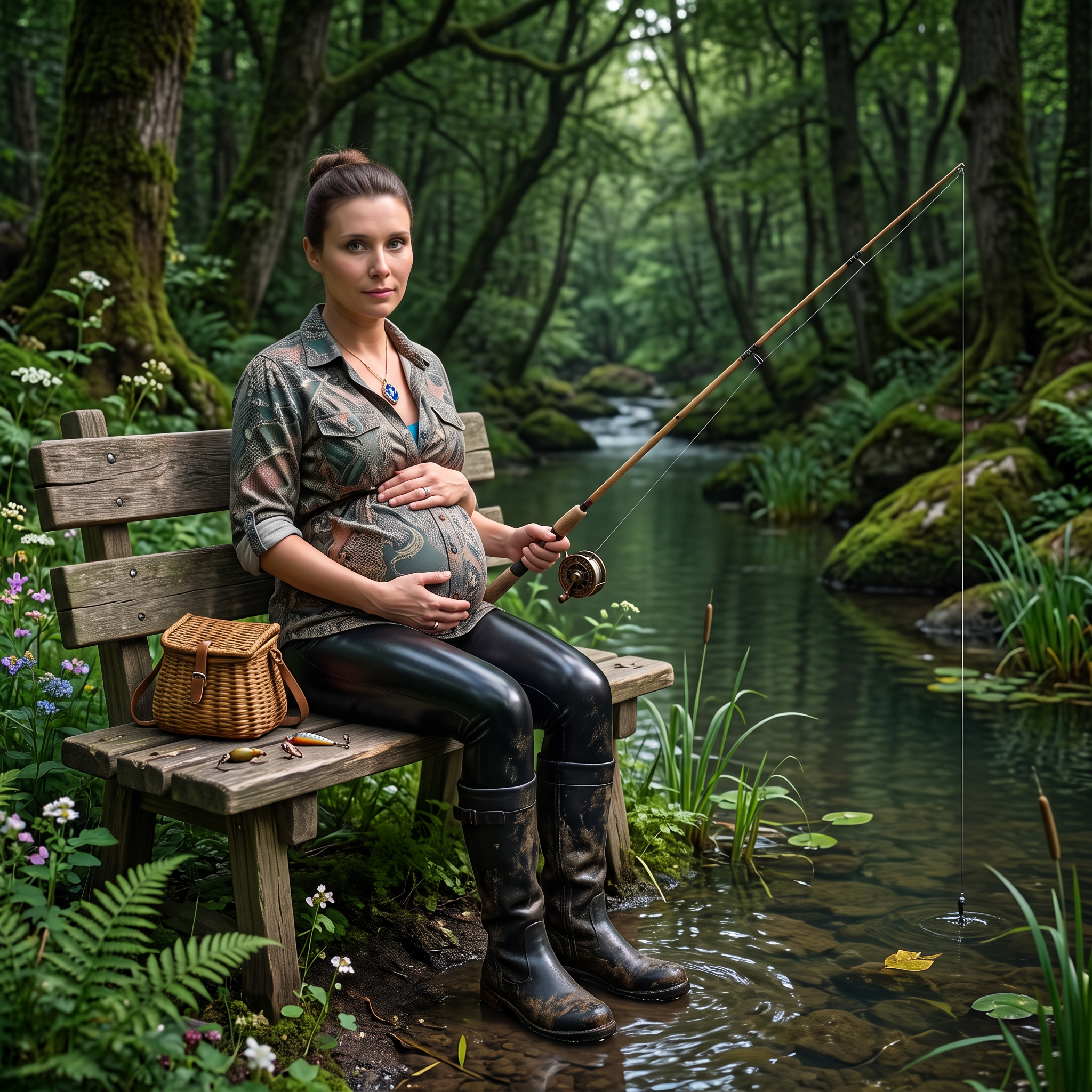 AI Design for this beautiful pregnant queen is fishing while sitting in forest
