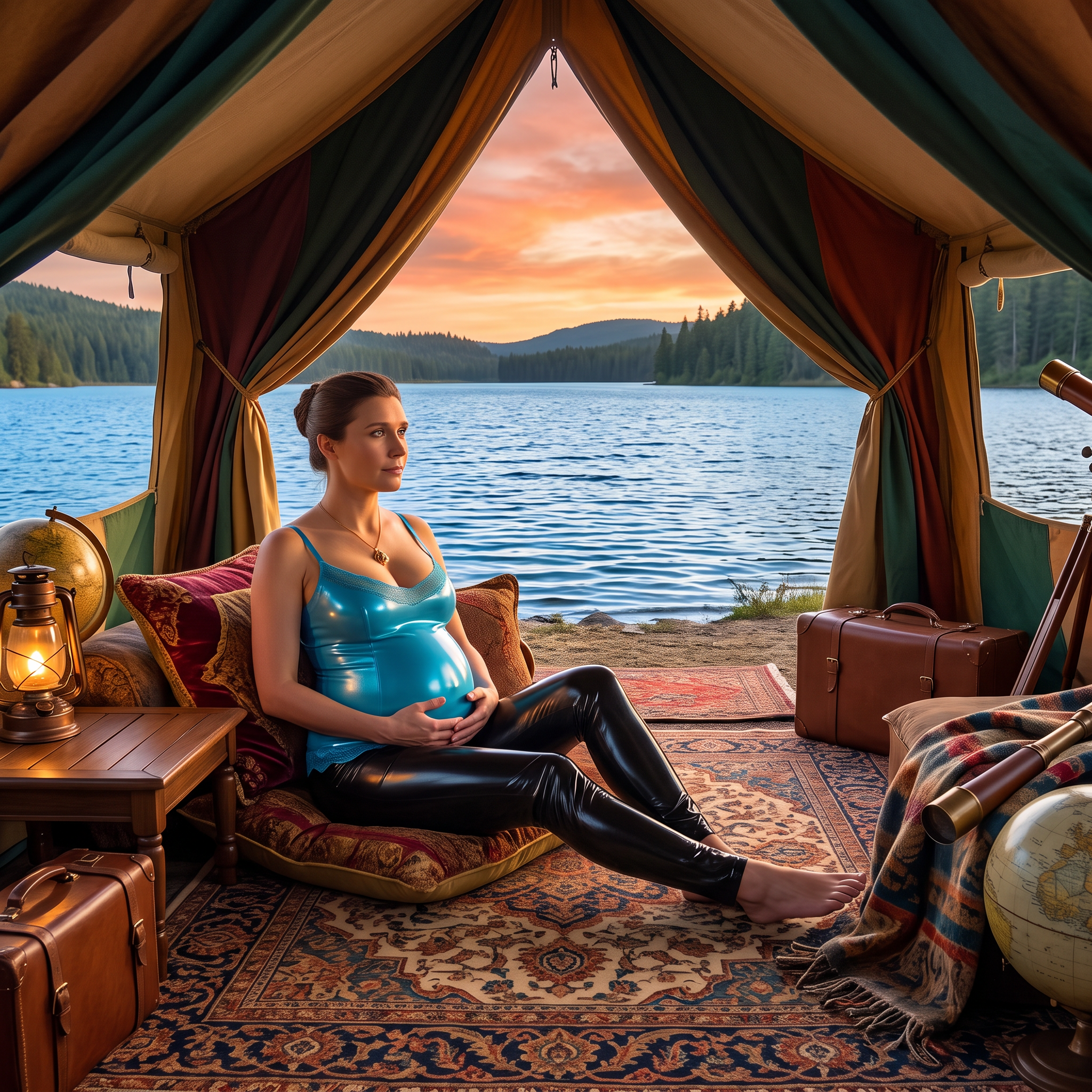 AI Design for this beautiful queen is relaxing in a tent near lake in this outfit alone