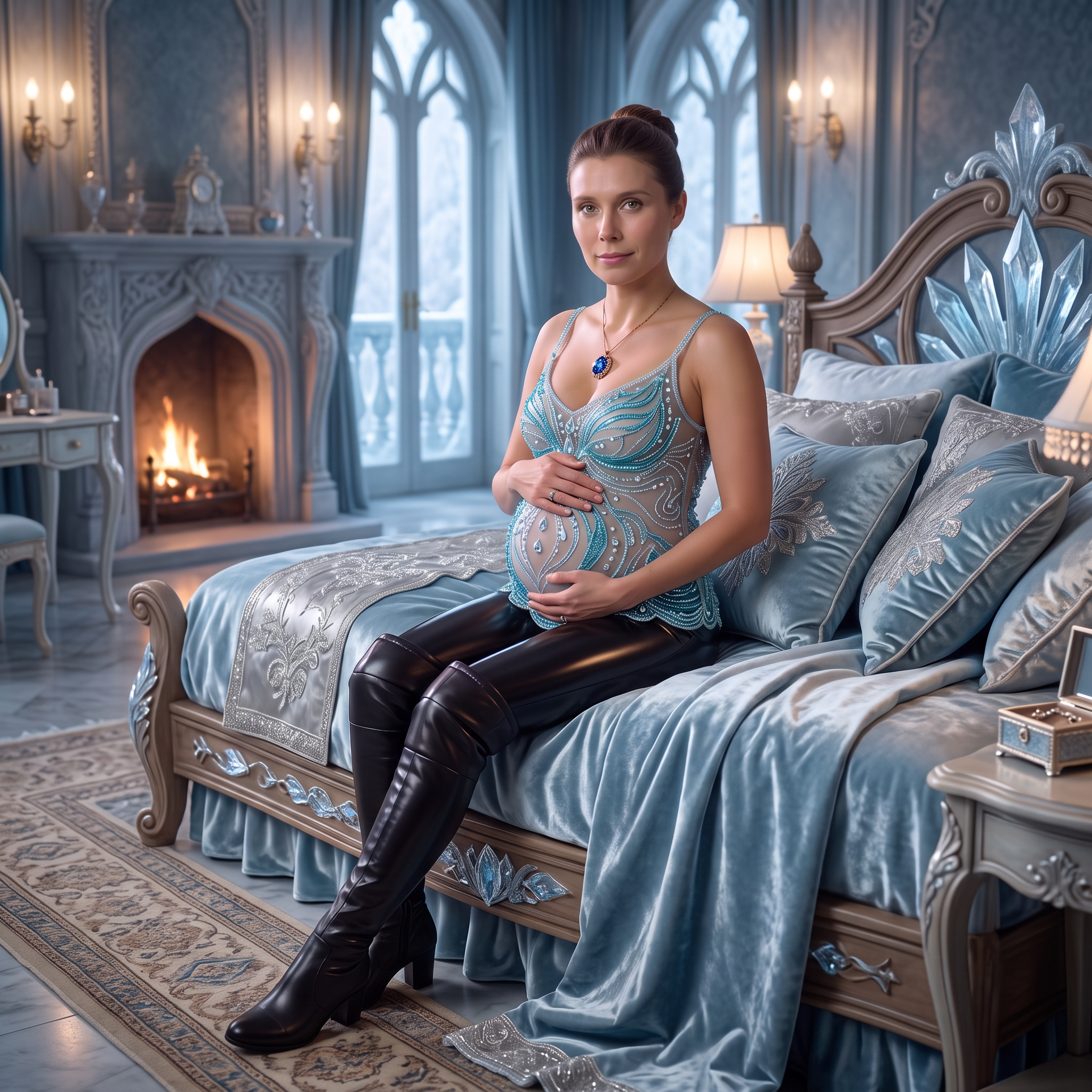 AI Design for this beautiful pregnant queen is sitting on her bed in chambers no boost