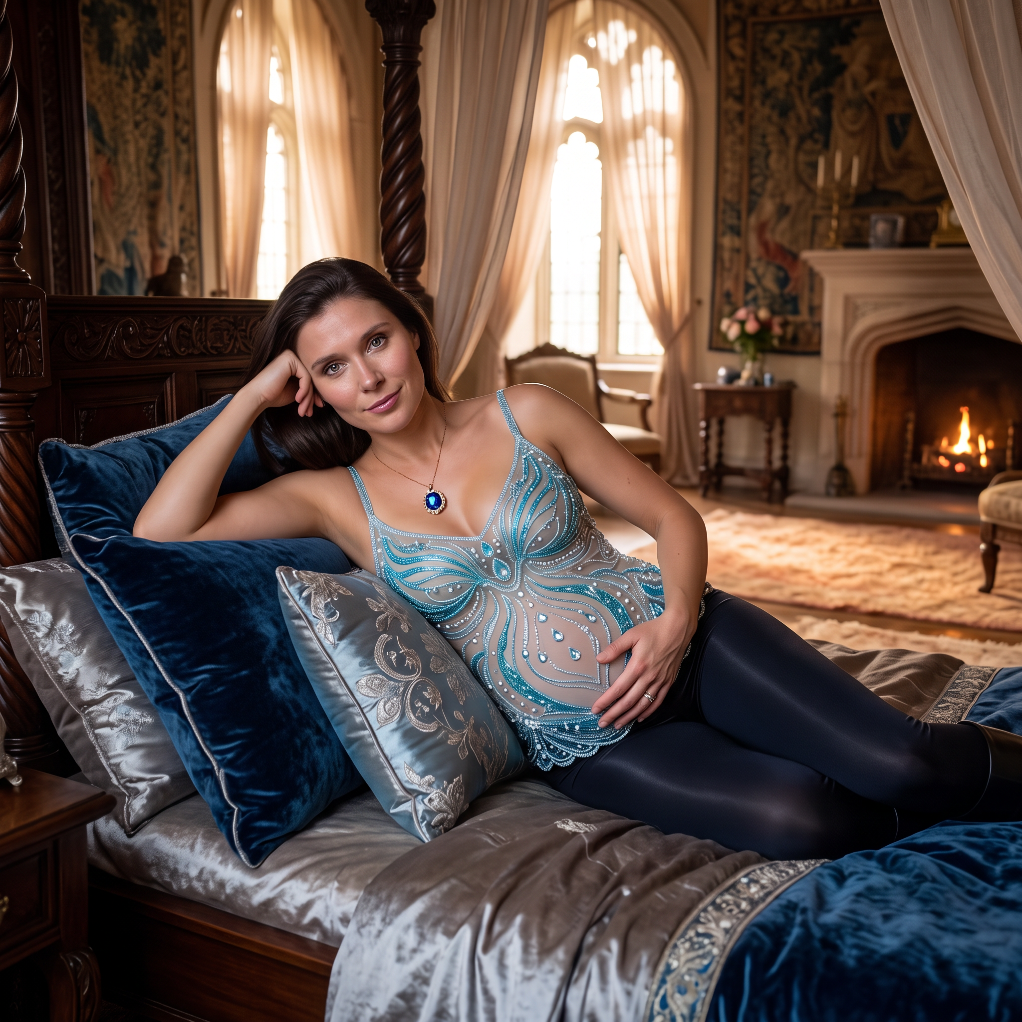 AI Design for this beautiful pregnant queen is showing sexy pose on her bed in chambers no boost