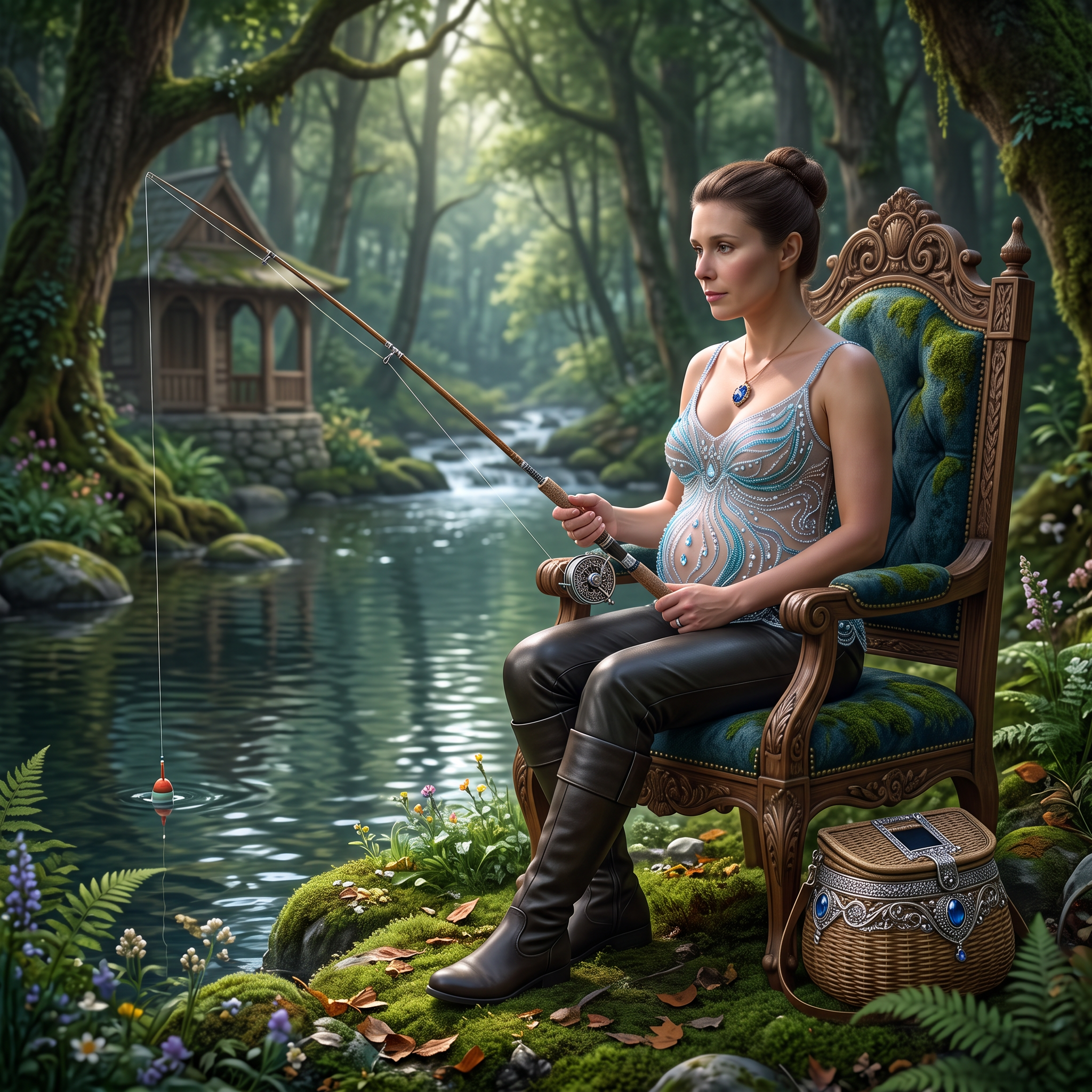 AI Design for this beautiful pregnant queen is fishing while sitting in forest
