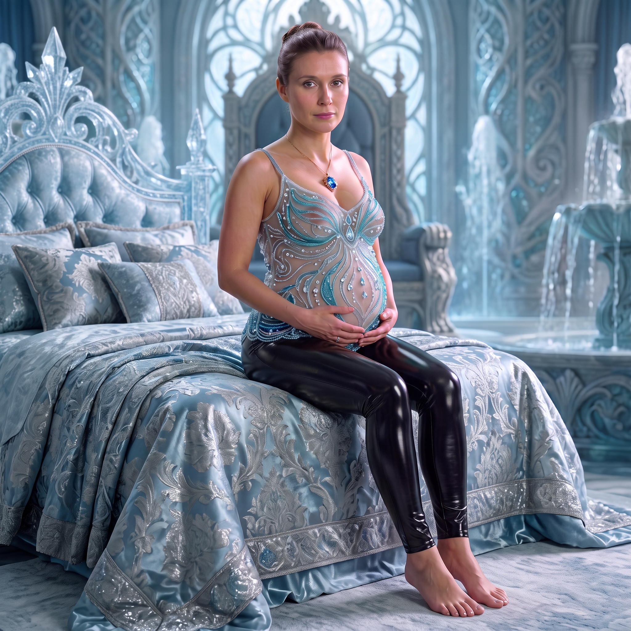 AI Design for this beautiful pregnant queen is sitting on a bed and no boots in this outfit in these shiny leggings