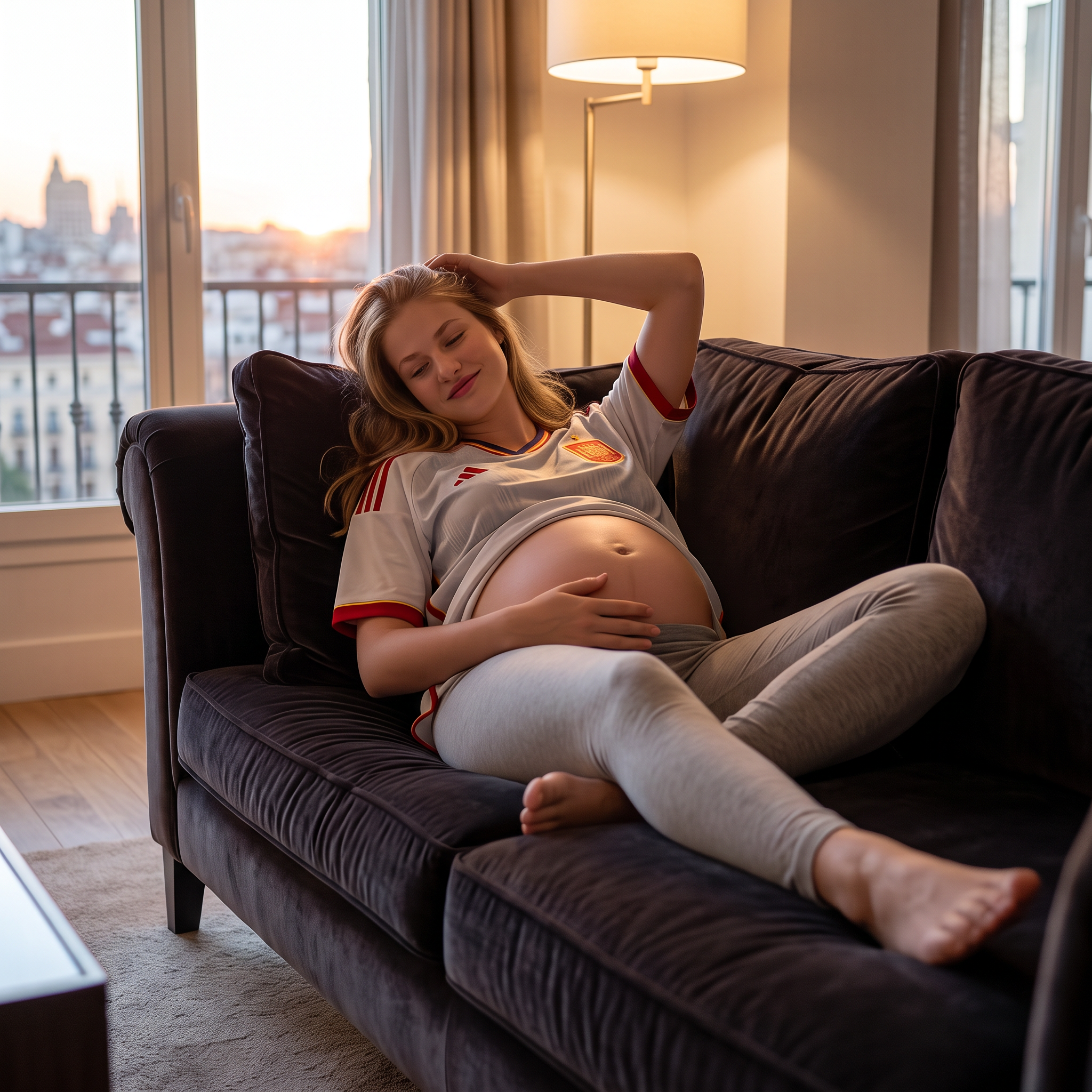 AI Design for this pregnant princess is laying on her back on a couch showing completely sexy relaxing pose