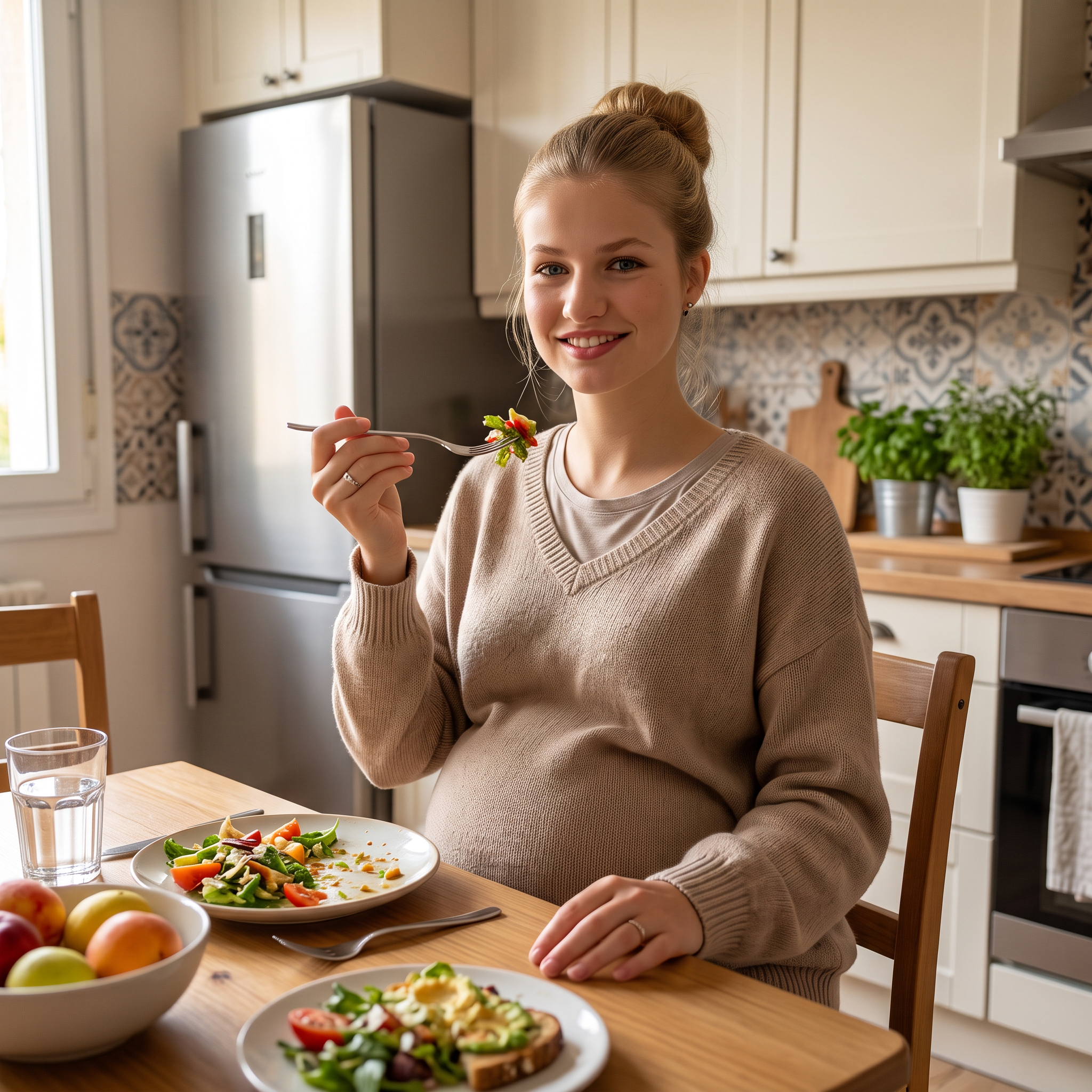 AI Design for this beautiful pregnant princess is eating in her kitchen her breasts are bigger