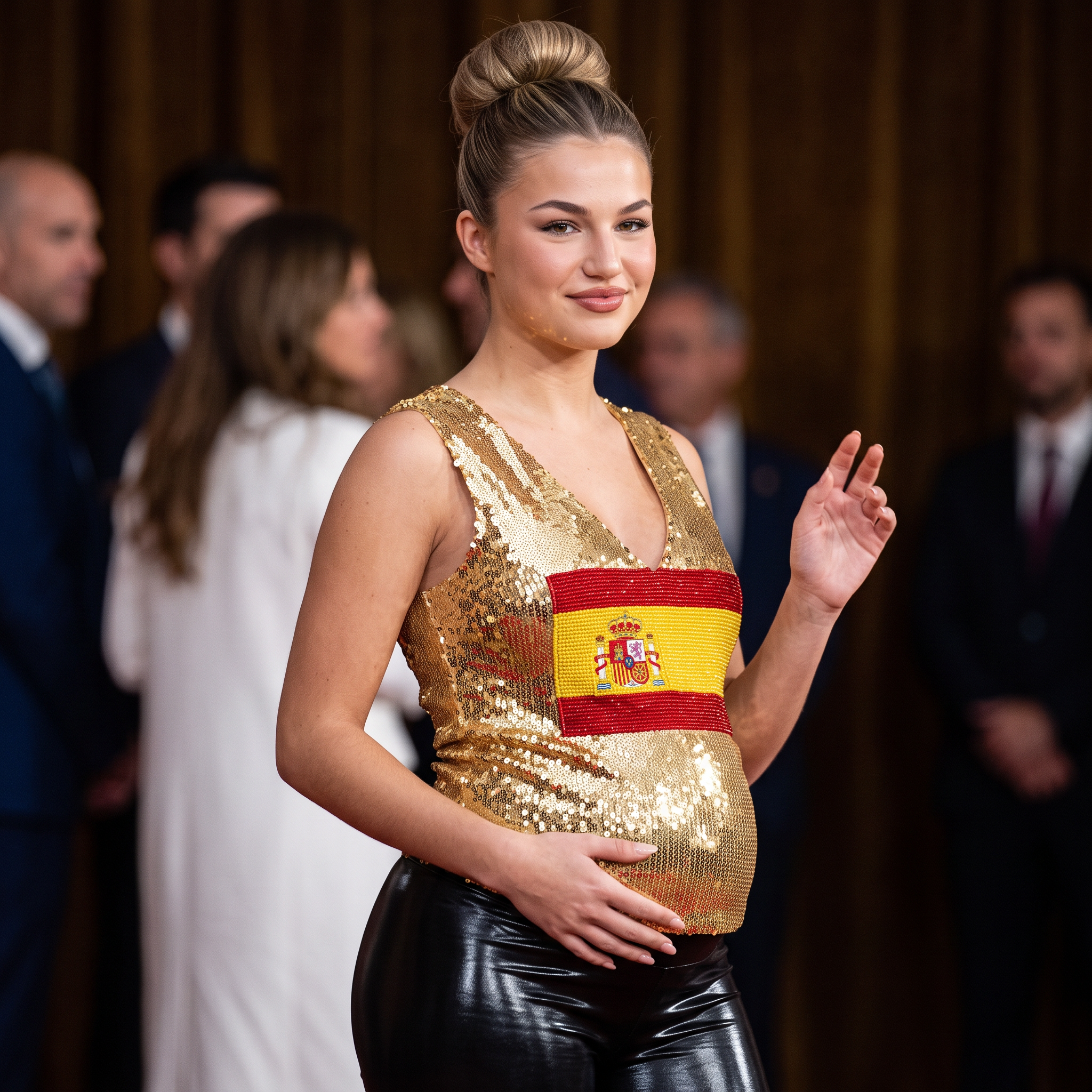 AI Design for this beautiful princess is pregnant and she wears shiny woman caim fitted V neck Spain flag top and black shiny leggings and her hairstyle is bun