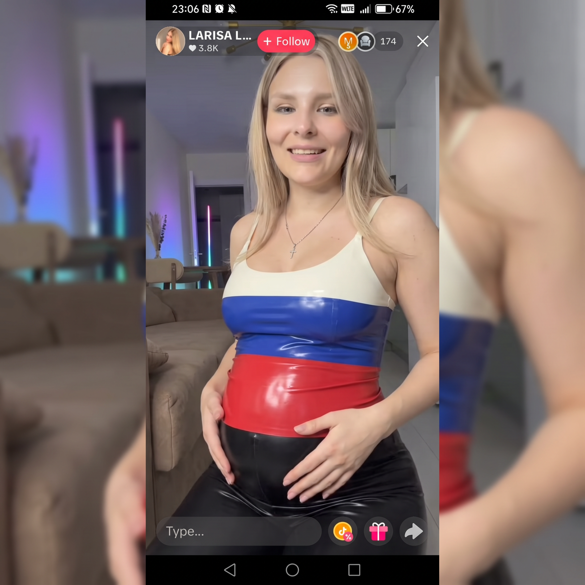 AI Design for she wears latex woman cami fitted russian flag top and she is pregnant