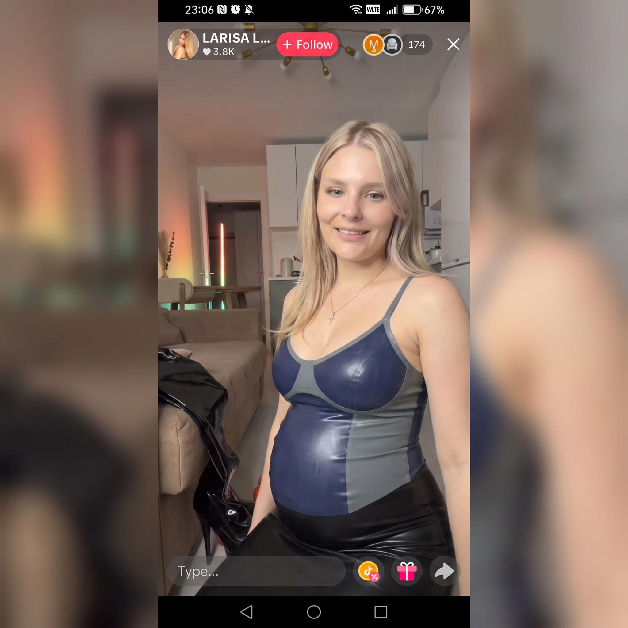 AI Design for she wears latex woman cami fitted dark blue and grey top and she is pregnant