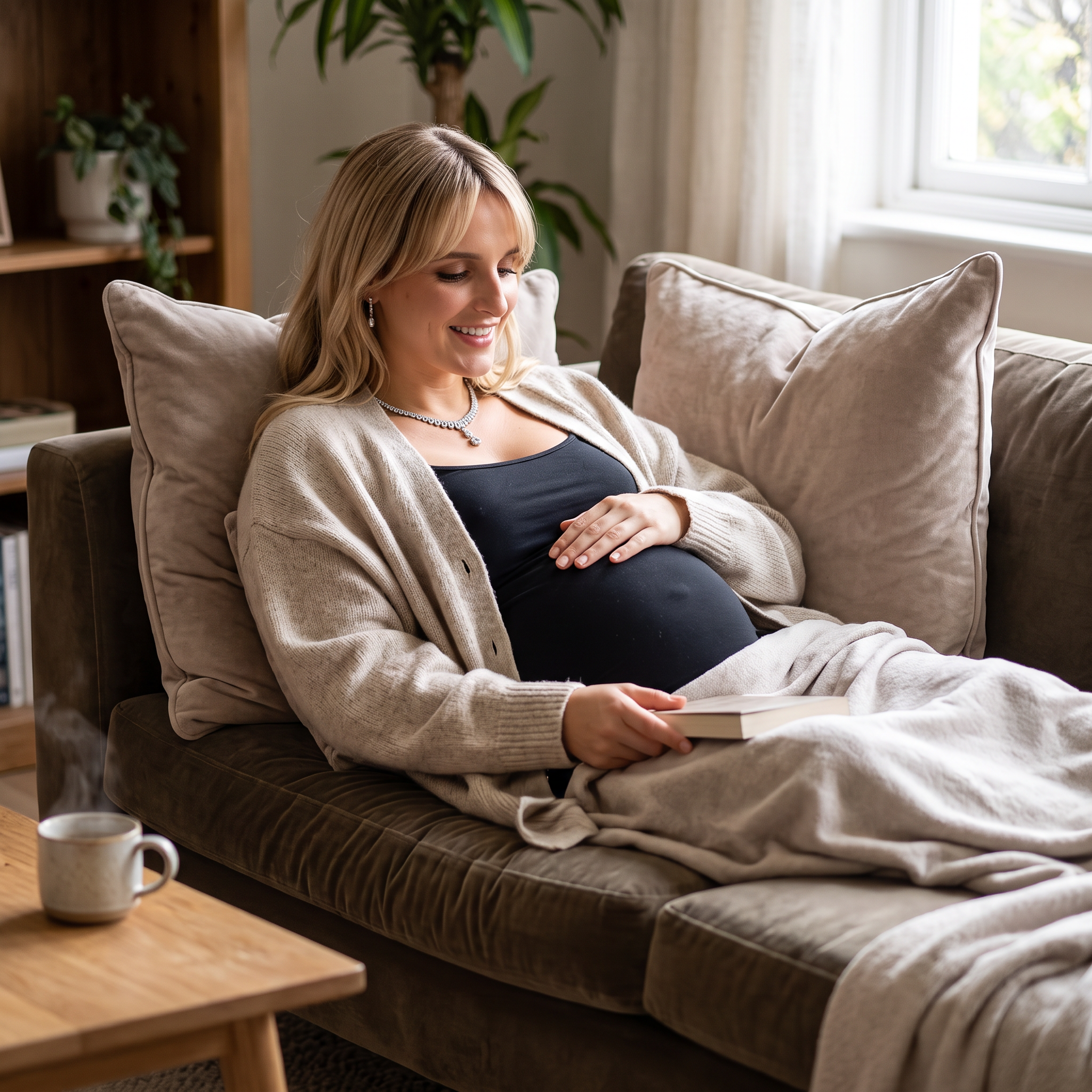 AI Design for this pregnant woman is relaxing on a comfy couch