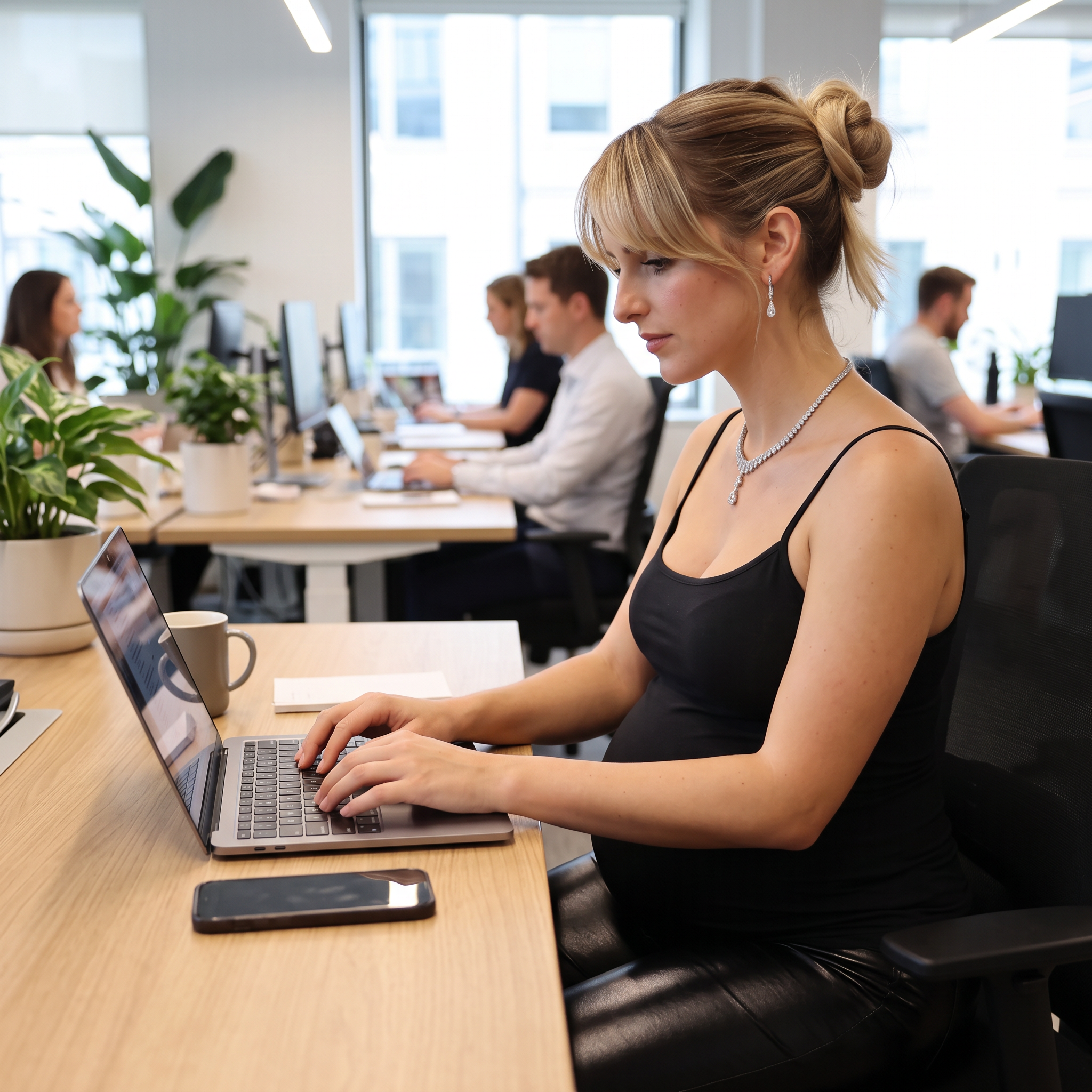 AI Design for this pregnant woman is working on a pc something both hands