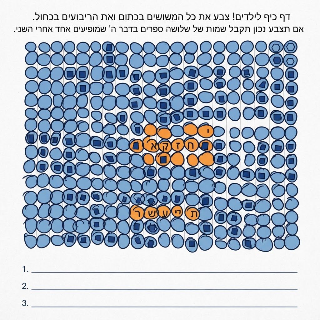 AI Design for זה דף כייף לילדים שאני ציירתי. בבקשה תהפוך את זה לדף דיגיטלי, לא כתמונה של מה שאני ציירת. בבקשה לוח לפי מה שיש בתמונה. זה צריך להיות כמו דף צביעה. בכל עיגול שאין בו ריבוע צריך להיות משושה. מתחת לפאזל צריכם להופיע שלוש קווים בשביל הילדים כתוב דברים עליהם. ההוראות לדף יהיו: צבע את כל המשושים בכתום ואת הריבועים בכחול. אם תצבע נכון תקבל שמות של שלושה ספרים בדבר ה' שמופיעים אחד אחרי השני. רשום על הקווים מתחת לפאזל את שמות הספרים לפי הסדר.