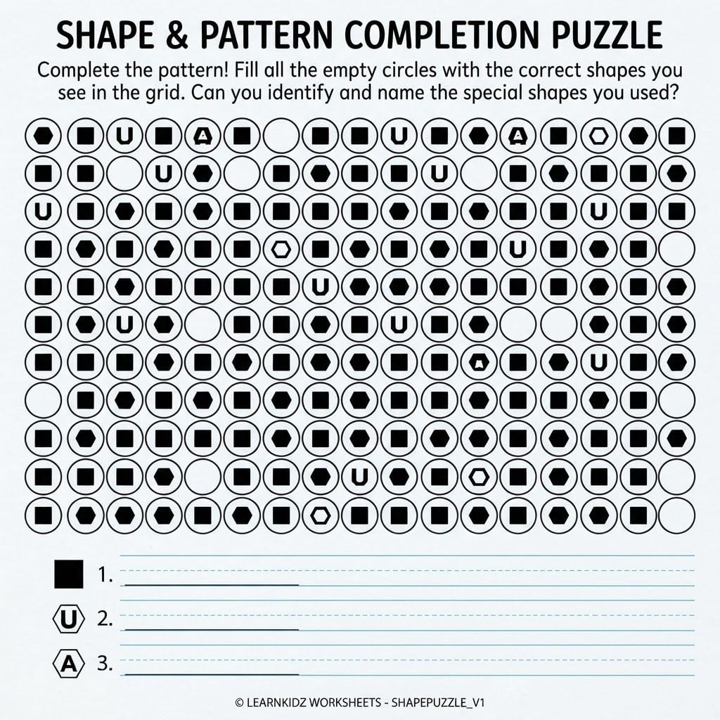 AI Design for A clean, vector-style children's activity worksheet designed for digital printing, featuring crisp black outlines and a clear white background. The layout includes a geometric puzzle composed of circles that have in them squares and hexagons (that need to be drawn in all the circles that don't have squares in them), accompanied by instruction text and three blank writing lines at the bottom for kids to fill in their answers. The visual style is educational, engaging, and minimal, optimized for a printable coloring and puzzle page.
