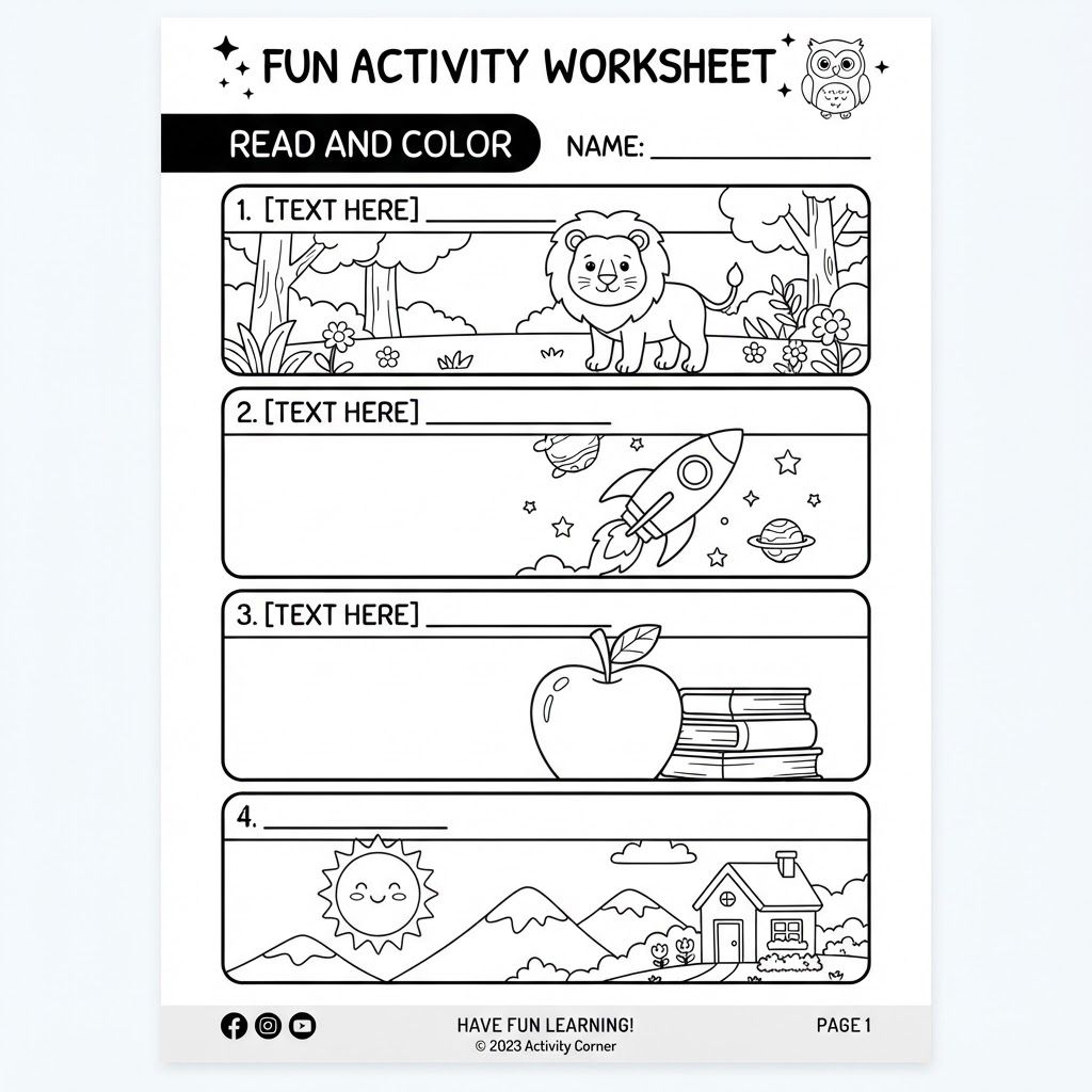 AI Design for A clean, vector-style children's activity worksheet designed for digital printing, featuring crisp black outlines and a clear white background. The layout includes a lines that have pictures under them. Afterwards I will provide text. The visual style is educational, engaging, and minimal, optimized for a printable coloring and puzzle page.