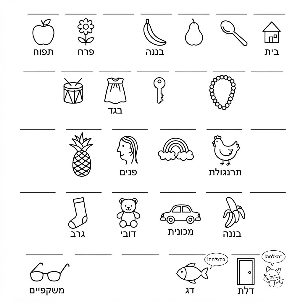 AI Design for A clean, vector-style children's activity worksheet designed for digital printing, featuring crisp black outlines and a clear white background. The layout includes a lines that have pictures under them. Afterwards I will provide text. The visual style is educational, engaging, and minimal, optimized for a printable coloring and puzzle page.
