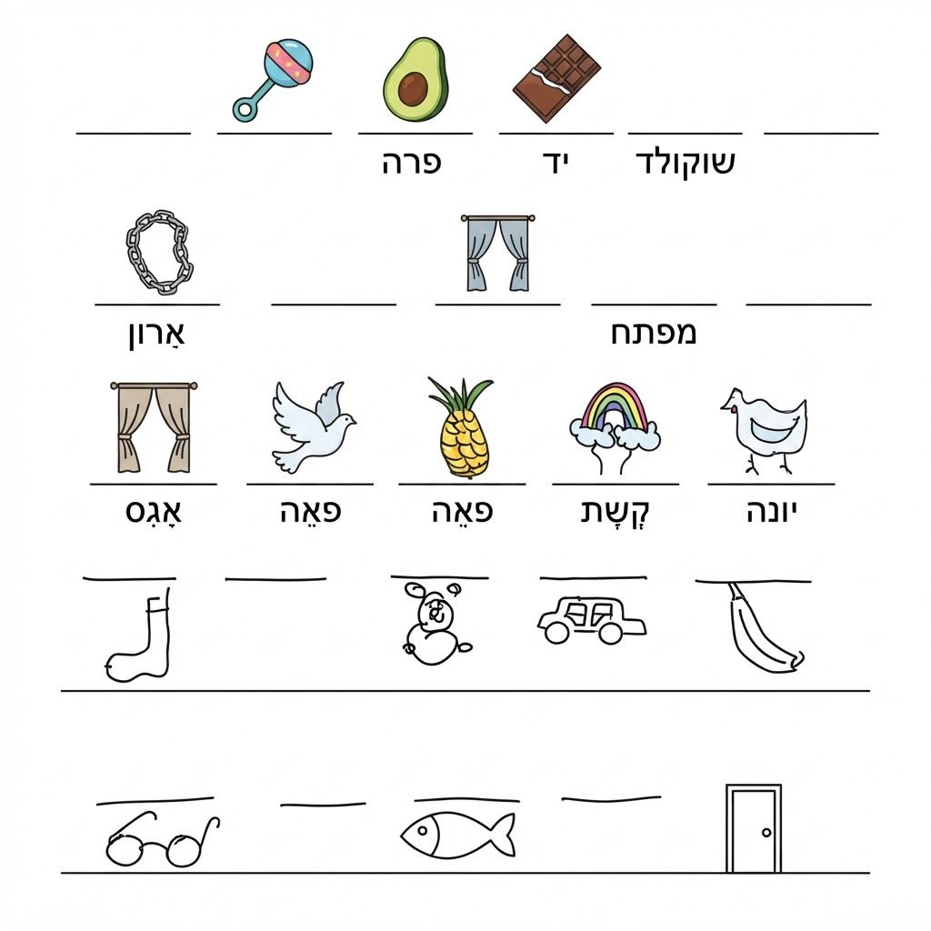 AI Design for A clean, vector-style children's activity worksheet designed for digital printing, featuring crisp black outlines and a clear white background. The layout includes a lines that have pictures under them. Afterwards I will provide text. The visual style is educational, engaging, and minimal, optimized for a printable coloring and puzzle page. one the first line the second image is a rattle, the third image is an avocado, the third image is chocolate. on the second line the first picture is a chain, the third picture is a curtain. On the third line there are five lines, under the first line there is a picture a curtain, under the second line there is a picture of a dove