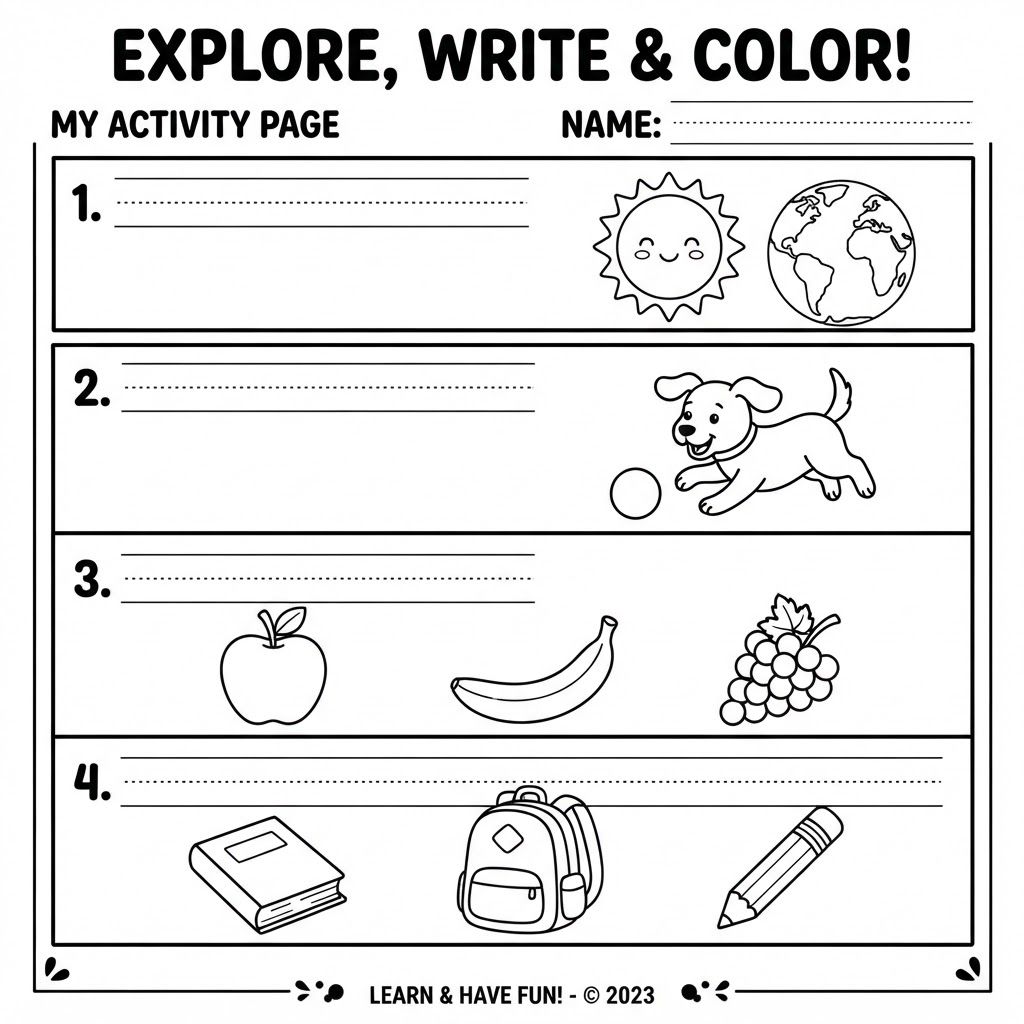 AI Design for A clean, vector-style children's activity worksheet designed for digital printing, featuring crisp black outlines and a clear white background. The layout includes a lines that have pictures under them. Afterwards I will provide text. The visual style is educational, engaging, and minimal, optimized for a printable coloring and puzzle page.