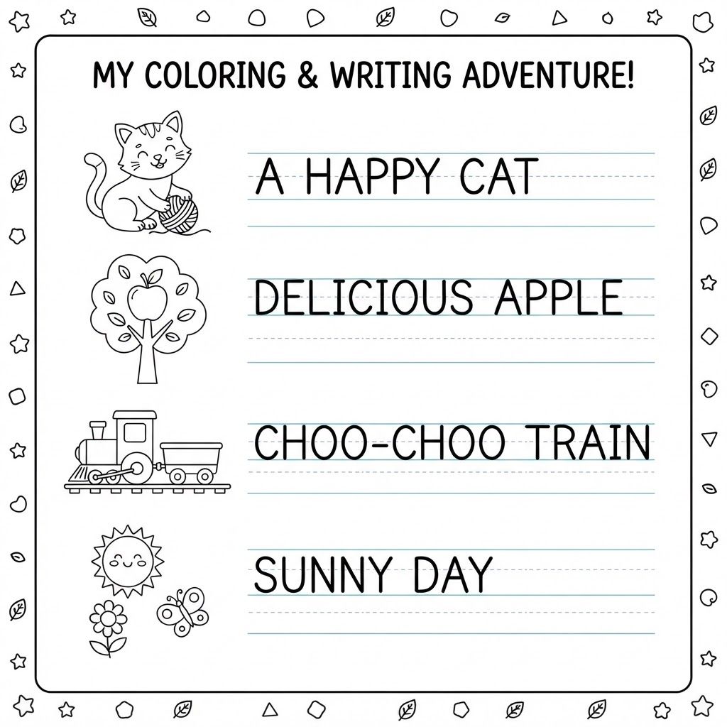 AI Design for A clean, vector-style children's activity worksheet designed for digital printing, featuring crisp black outlines and a clear white background. The layout includes a lines that have pictures under them. Afterwards I will provide text. The visual style is educational, engaging, and minimal, optimized for a printable coloring and puzzle page.