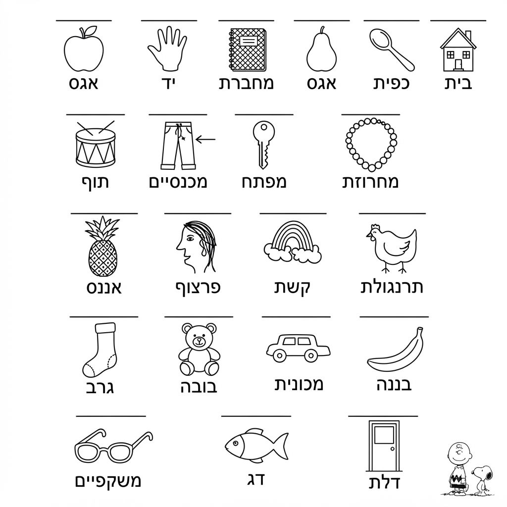 AI Design for A clean, vector-style children's activity worksheet designed for digital printing, featuring crisp black outlines and a clear white background. The layout includes a lines that have pictures under them. Afterwards I will provide text. The visual style is educational, engaging, and minimal, optimized for a printable coloring and puzzle page.