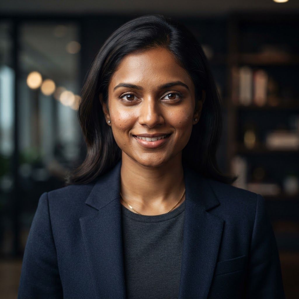 AI Design for Create a premium cinematic close-up portrait of a young Indian business professional, age 24–30, looking confident, intelligent, and approachable. Frame from the chest up with strong eye contact toward the camera. Use realistic Indian facial features, natural brown skin tone, detailed skin texture, sharp eyes, neatly styled dark hair, and subtle professional grooming. Dress the subject in a modern business outfit such as a tailored blazer with a clean shirt, minimal accessories, and no visible branding. Use soft cinematic key lighting on the face with subtle rim light for separation, a dark elegant office or studio background with shallow depth of field and soft bokeh. Shot on an 85mm portrait lens, high-end corporate advertising photography, realistic proportions, premium color grading, crisp facial detail, natural expression, clean composition, sophisticated, photorealistic, ultra-detailed, 8K.
This is a square 1:1 image for posts. Fill the whole frame edge to edge and scale the subject large. Do not leave empty margin.