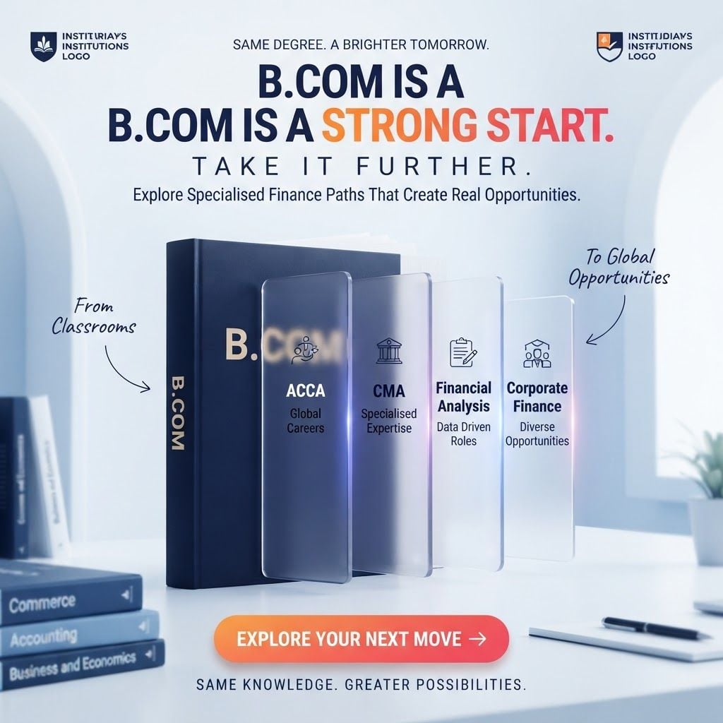 AI Design for Create a premium 1:1 education campaign poster for a B.Com career-upgradation program. Use a bright white/off-white background with subtle cool-blue gradients, soft architectural curves and plenty of breathing space. Place two institutional logo areas at the top-left and top-right, clean and balanced.

At the top centre, add a small premium line: “SAME DEGREE. A BRIGHTER TOMORROW.” Below it, create a bold high-impact headline: “B.COM IS A STRONG START.” with “B.COM IS A” in deep navy and “STRONG START.” in a vibrant orange-to-red gradient. Follow with “TAKE IT FURTHER.” in spaced uppercase typography and a smaller supporting line: “Explore Specialised Finance Paths That Create Real Opportunities.”

Make the main visual a realistic premium 3D dark navy B.Com book standing upright and partially open. From the open pages, show four elegant translucent glass-like vertical career panels emerging outward in perspective, each softly illuminated: ACCA – Global Careers, CMA – Specialised Expertise, Financial Analysis – Data Driven Roles, Corporate Finance – Diverse Opportunities. Use simple professional icons above each title.

Add subtle handwritten-style annotations around the visual: “From Classrooms” pointing from the left toward the B.Com book and “To Global Opportunities” pointing toward the career panels on the right. Keep these secondary and tasteful.

Include a few blurred commerce books in the foreground labelled Commerce, Accounting, Business and Economics, plus a minimal desk environment with a pen and subtle plant for depth. Do not clutter the composition.

At the lower centre, create a large rounded CTA button with an orange-to-red/pink gradient reading “EXPLORE YOUR NEXT MOVE →”. Beneath it place a small spaced tagline: “SAME KNOWLEDGE. GREATER POSSIBILITIES.”

Overall aesthetic: high-end education advertising, premium 3D editorial design, cinematic soft lighting, realistic materials, subtle reflections, sophisticated depth, clean typography, modern academic visual storytelling, aspirational but mature, not childish, not futuristic, not cluttered. Use deep navy, white, orange and red/pink as primary brand colours, with only subtle blue/purple lighting accents on the career panels. Photorealistic 3D render, polished agency-level social media campaign, sharp details, balanced alignment, 1:1 square format.

This is a square 1:1 image for posts. Fill the whole frame edge to edge and scale the subject large. Do not leave empty margin.