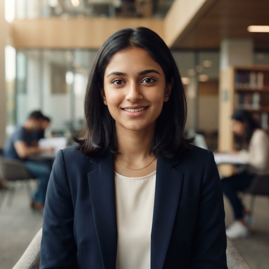 AI Design for Create a premium cinematic close-up portrait of a young Indian student transitioning into a business professional, age 20–24. The subject should have a youthful, fresh, well-groomed face, smooth and healthy-looking light-to-medium warm Indian skin tone, natural brightness, subtle even complexion, soft facial features, clear skin, sharp expressive eyes, neatly shaped eyebrows, and well-styled dark hair. The face should look genuinely young and approachable rather than mature or corporate-heavy.
Frame from the chest up with direct eye contact and a subtle, confident natural smile. Dress the subject in a smart modern blazer over a simple clean top, giving the appearance of an ambitious commerce or finance student preparing for a professional career. Keep accessories minimal and sophisticated.
Use soft flattering cinematic key lighting across the face, gentle fill light to maintain a bright and clean complexion, and subtle rim lighting around the hair and shoulders. Avoid harsh shadows on the face. Use a premium modern college, corporate-learning space, or elegant office background with shallow depth of field and soft warm bokeh.
Shot on an 85mm portrait lens, eye-level camera angle, realistic facial proportions, natural skin texture, polished grooming, crisp eyes, subtle professional makeup, realistic hair strands, premium commercial color grading, clean composition, photorealistic corporate-education advertising photography, ultra-detailed, sophisticated, aspirational, 8K.
Important: youthful Indian student appearance, approximately 20–24 years old, fresh and energetic expression, well-groomed appearance, bright evenly lit face, soft natural complexion, no mature facial appearance, no heavy makeup, no excessive skin smoothing, no artificial plastic skin, no older corporate executive look.
This is a square 1:1 image for posts. Fill the whole frame edge to edge and scale the subject large. Do not leave empty margin.