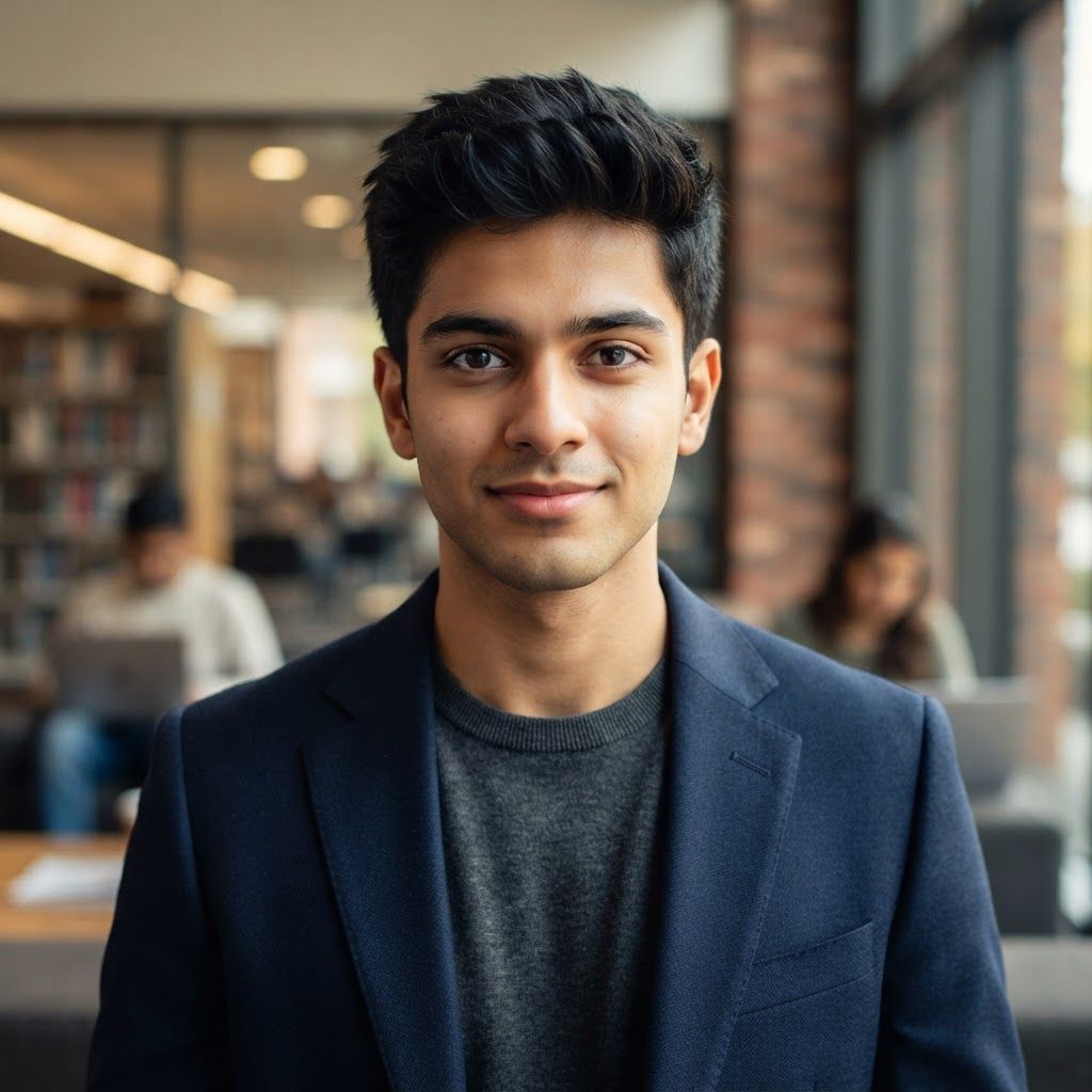 AI Design for Create a premium cinematic close-up portrait of a young Indian male student transitioning into a business professional, age 20–24. He should have a youthful, fresh, well-groomed face, light-to-medium warm Indian skin tone, clear and healthy-looking complexion, sharp expressive eyes, neatly styled dark hair, and clean professional grooming. Keep the facial features soft and young, avoiding an older executive appearance.
Frame him from the chest up with direct eye contact and a subtle confident smile. Dress him in a smart tailored blazer over a clean shirt or minimal crew-neck top, giving the impression of an ambitious commerce, finance, or management student preparing for a professional career.
Use soft cinematic key lighting on the face, gentle fill light for a bright and even complexion, and subtle rim lighting around the hair and shoulders. Keep the background as a premium modern office, business school, or corporate-learning environment with shallow depth of field and soft warm bokeh.
Shot on an 85mm portrait lens, eye-level angle, realistic facial proportions, natural skin texture, crisp eyes, realistic hair strands, clean jawline, polished grooming, premium commercial color grading, photorealistic corporate-education advertising photography, sophisticated, aspirational, ultra-detailed, 8K.
Important: young Indian male, 20–24 years old, student-like face, fresh appearance, clean-shaven or very light stubble, naturally bright skin, no mature executive look, no heavy beard, no plastic skin, no over-retouching, no exaggerated smile.
This is a square 1:1 image for posts. Fill the whole frame edge to edge and scale the subject large. Do not leave empty margin.