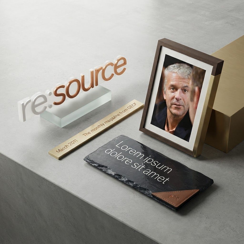Premium logo presentation mockup concept for Generate a polished corporate publication cover featuring a professional portrait, bold header text in orange and white, and clean editorial composition.. Logo or brand mark displayed on a clean neutral surface with subtle depth, refined shadow, precise alignment, elegant design-studio presentation, no extra readable text.
Incorporate the attached brand element reference image (Reference A: brand element "re:source Magazine Cover") into the composition where natural — preserve the depicted brand element's appearance.