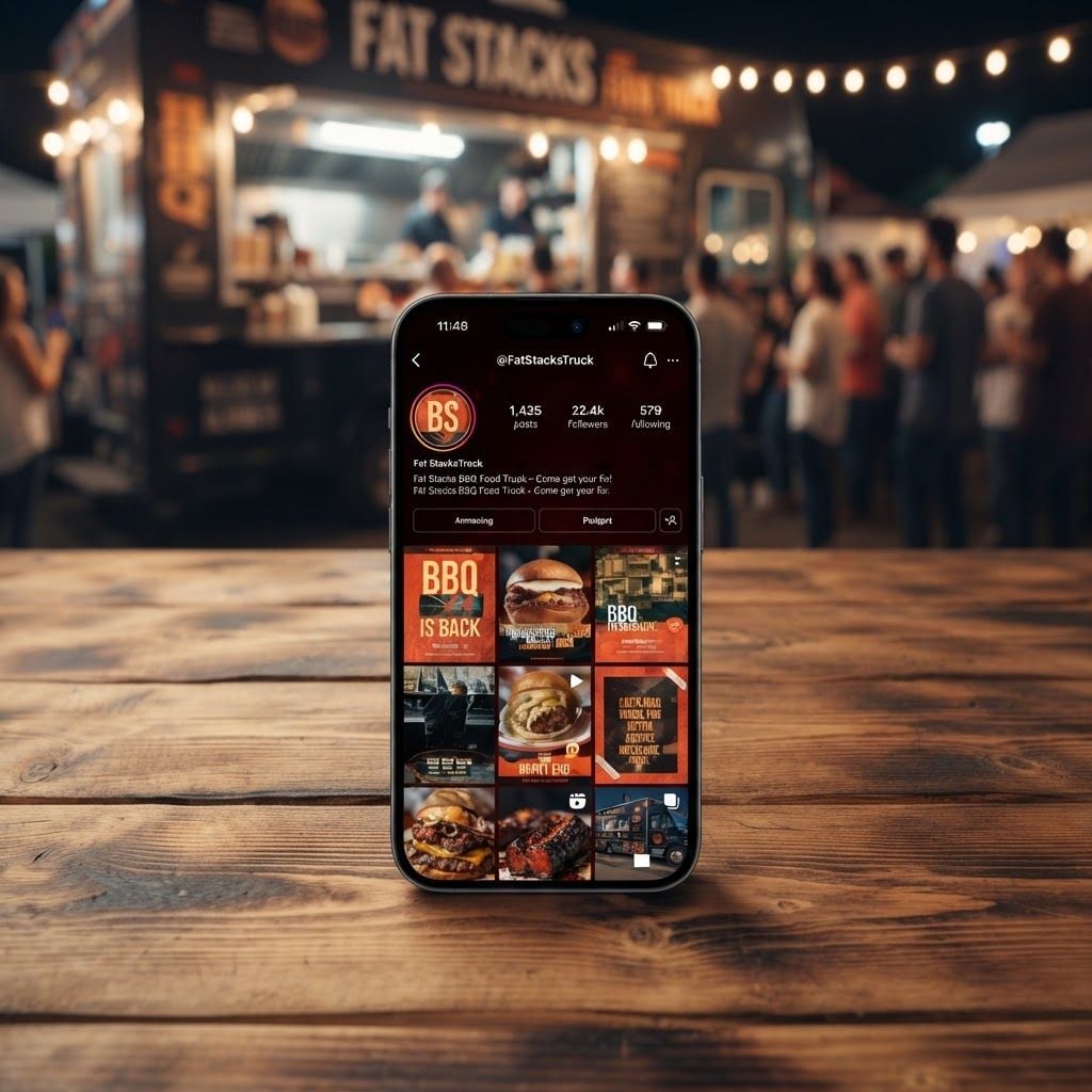 Replace the sandwhich, cutting board, weird wallet thing and instead make an true-to-life iphone with the social media grpahics on it as if you were viewing them on Instagram