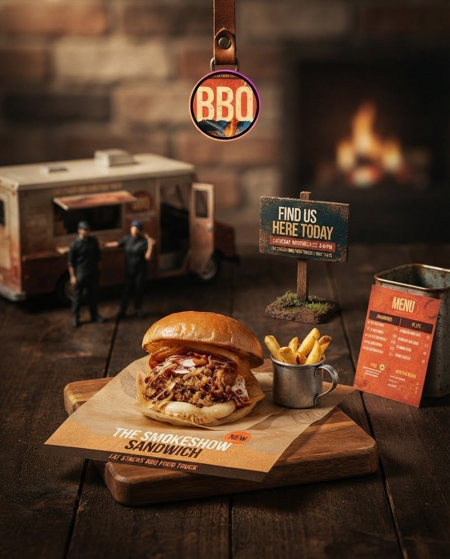 Portrait social feed visual for  brand. Scroll-stopping focal point, editorial crop, balanced foreground and background, designed for a 4:5 feed placement, no generated text or UI elements.

Incorporate the attached brand element reference image (Reference A: brand element "Your BBQ Truck Social Grid") into the composition where natural — preserve the depicted brand element's appearance.