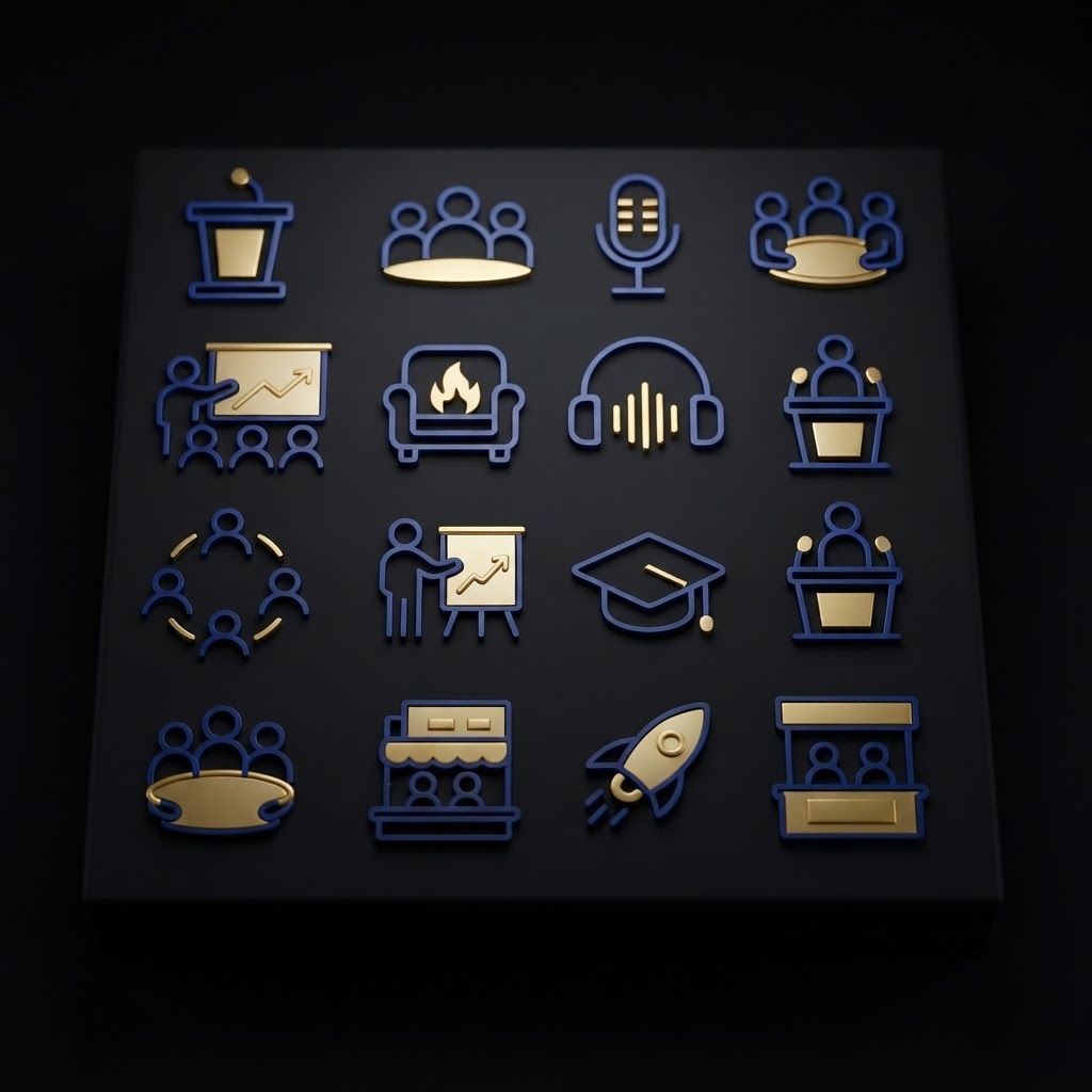 AI Design for Premium logo presentation mockup concept for Generate a cohesive set of blue, white, and yellow outline icons representing business, presentation, and event themes on a black background.. Logo or brand mark displayed on a clean neutral surface with subtle depth, refined shadow, precise alignment, elegant design-studio presentation, no extra readable text.
Feature the product (Business and Event Icon Set) from the attached product reference image as the central subject — preserve its shape, color, logos, and details with full fidelity. An array of sixteen minimal outline icons in royal blue, white, and golden yellow featuring themes like microphones, podiums, people, graduation caps, and rockets, set against a solid black background.
An array of sixteen minimal outline icons in royal blue, white, and golden yellow featuring themes like microphones, podiums, people, graduation caps, and rockets, set against a solid black background.