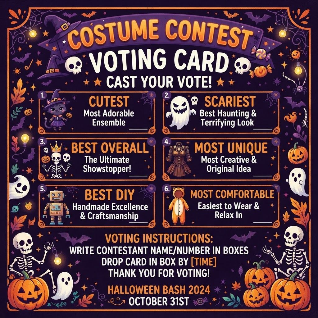 AI Design for Make me a voting card for a costume contest with multiple categories like cutes scaryest best over all most unique best diy most comfortable
This is a square 1:1 image for posts. Fill the whole frame edge to edge and scale the subject large. Do not leave empty margin.