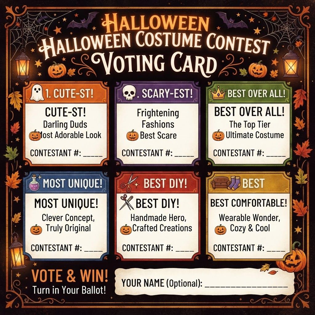 AI Design for Make me a voting card for a costume contest with multiple categories like cutes scaryest best over all most unique best diy most comfortable
This is a square 1:1 image for posts. Fill the whole frame edge to edge and scale the subject large. Do not leave empty margin.