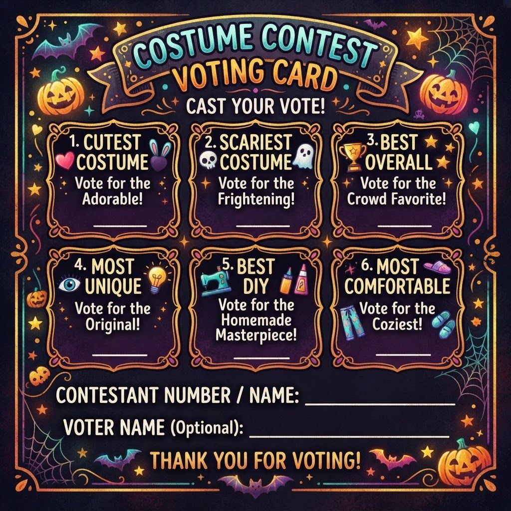 AI Design for Make me a voting card for a costume contest with multiple categories like cutes scaryest best over all most unique best diy most comfortable
This is a square 1:1 image for posts. Fill the whole frame edge to edge and scale the subject large. Do not leave empty margin.