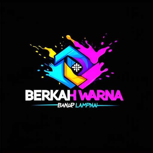 AI Design for A futuristic logo for a paint shop called 'Berkah Warna' located in Bandar Lampahan. Design with striking neon colors, glossy effects, and abstract geometric shapes that imply speed and modernity. Add visual elements that suggest the painting process such as paint sprays or splashes."