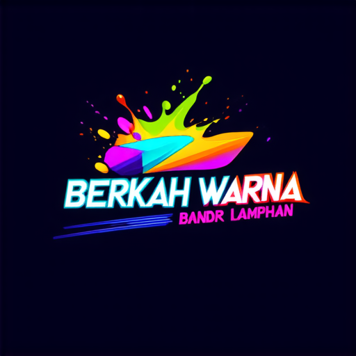 AI Design for A futuristic logo for a paint shop called 'Berkah Warna' located in Bandar Lampahan. Design with striking neon colors, glossy effects, and abstract geometric shapes that imply speed and modernity. Add visual elements that suggest the painting process such as paint sprays or splashes."