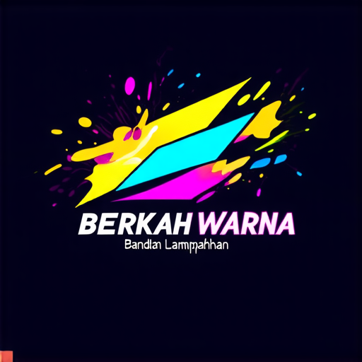 AI Design for A futuristic logo for a paint shop called 'Berkah Warna' located in Bandar Lampahan. Design with striking neon colors, glossy effects, and abstract geometric shapes that imply speed and modernity. Add visual elements that suggest the painting process such as paint sprays or splashes."