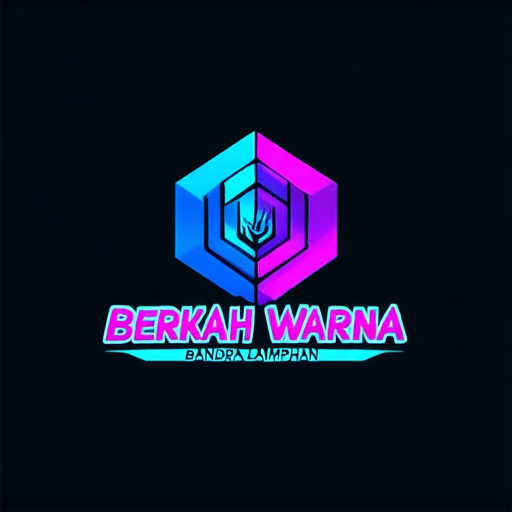 AI Design for "A futuristic logo for a paint shop called 'Berkah Warna' located in Bandar Lampahan. Combine batik elements with abstract geometric shapes. Use neon blue and purple colors to create a mysterious impression. Display the name 'Bandar Lampahan' with typography inspired by ancient Javanese script."