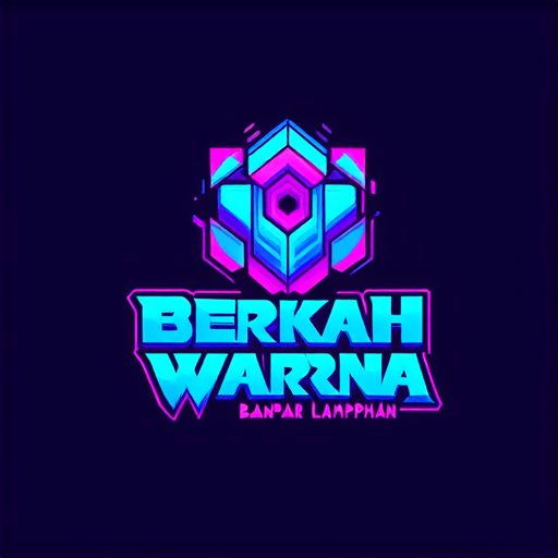 AI Design for "A futuristic logo for a paint shop called 'Berkah Warna' located in Bandar Lampahan. Combine batik elements with abstract geometric shapes. Use neon blue and purple colors to create a mysterious impression. Display the name 'Bandar Lampahan' with typography inspired by ancient Javanese script."