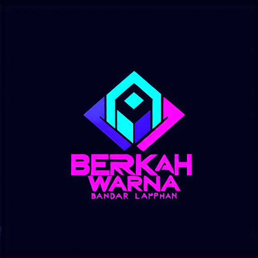 AI Design for "A futuristic logo for a paint shop called 'Berkah Warna' located in Bandar Lampahan. Combine batik elements with abstract geometric shapes. Use neon blue and purple colors to create a mysterious impression. Display the name 'Bandar Lampahan' with typography inspired by ancient Javanese script."