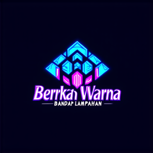 AI Design for "A futuristic logo for a paint shop called 'Berkah Warna' located in Bandar Lampahan. Combine batik elements with abstract geometric shapes. Use neon blue and purple colors to create a mysterious impression. Display the name 'Bandar Lampahan' with typography inspired by ancient Javanese script."