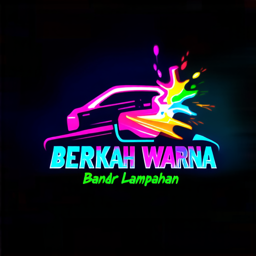 AI Design for "A vibrant and modern logo design for a car paint workshop named 'Berkah Warna,' located in Bandar Lampahan. The logo features a dynamic spray paint gun emitting colorful neon spray patterns, creating a glowing effect. The text 'Berkah Warna' is prominently displayed in a sleek, futuristic font with neon-style colors, and the address 'Bandar Lampahan' is elegantly integrated below in smaller text. The design is set against a dark background to emphasize the neon glow, with a polished and professional appearance suitable for branding."